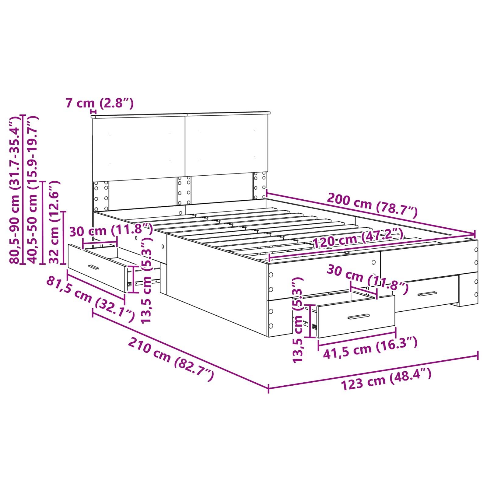 Diagramm eines Bettes mit Gesamtabmessungen: 210 cm lang, 123 cm breit und 80,5-90 cm hoch. Enthält Maßangaben für Schubladen und Kopfteil.