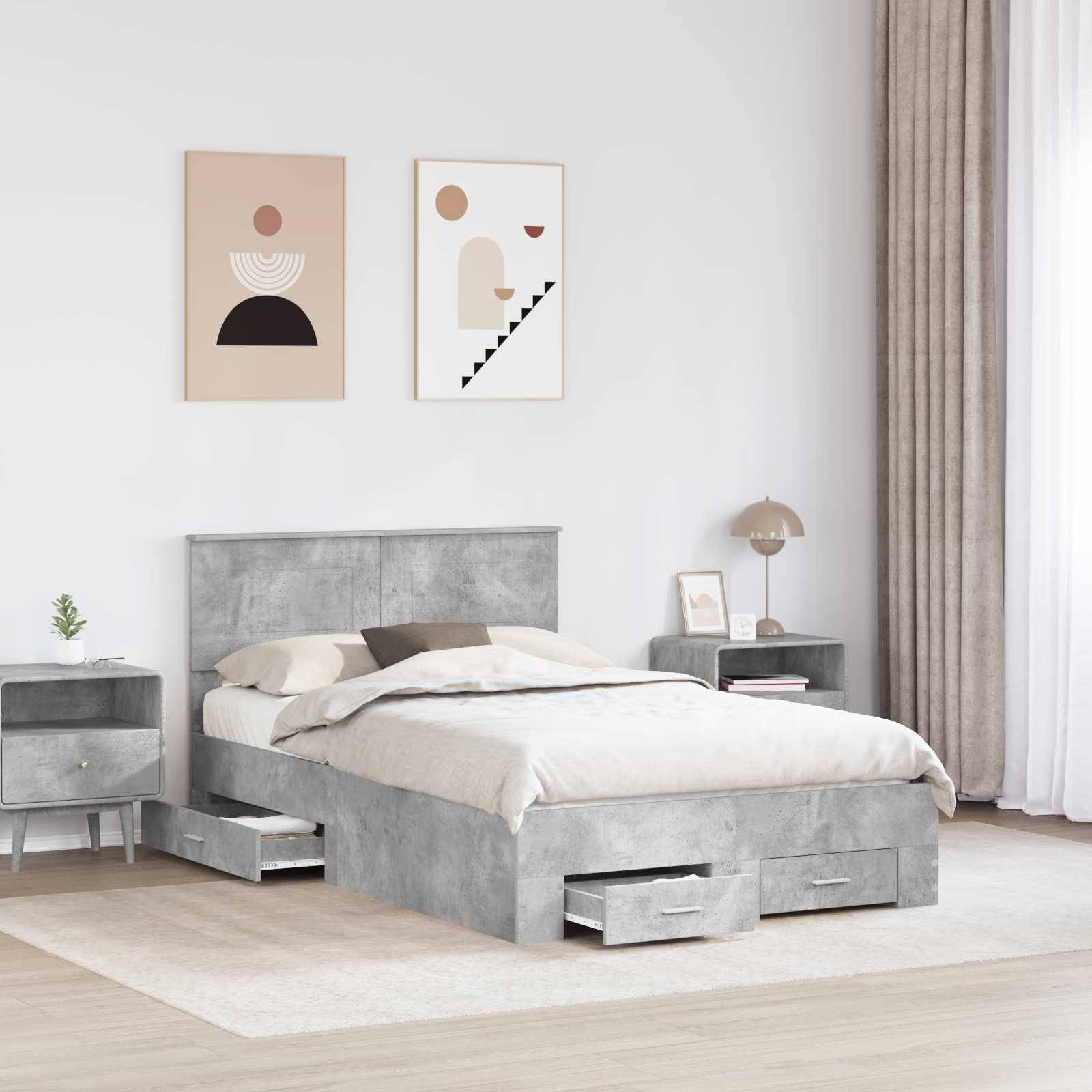 vidaXL Bettrahmen mit Kopfteil Beton Grau 135 x 190 cm Holzwerkstoff