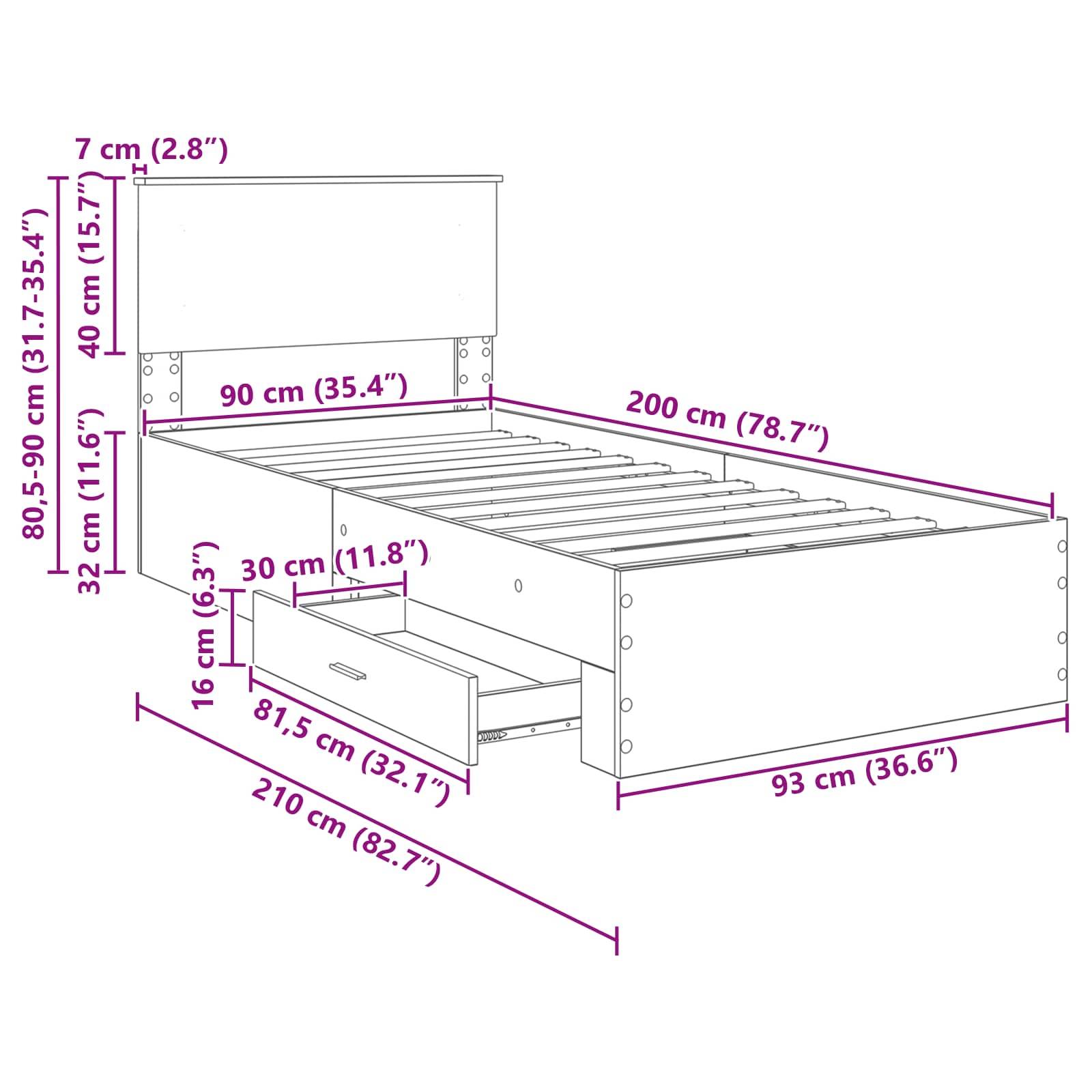 Ein Bett mit beschrifteten Abmessungen: Länge 200 cm, Breite 90 cm, Höhe des Kopfteils 80,5-90 cm. Enthält Maße und Position der Schublade.