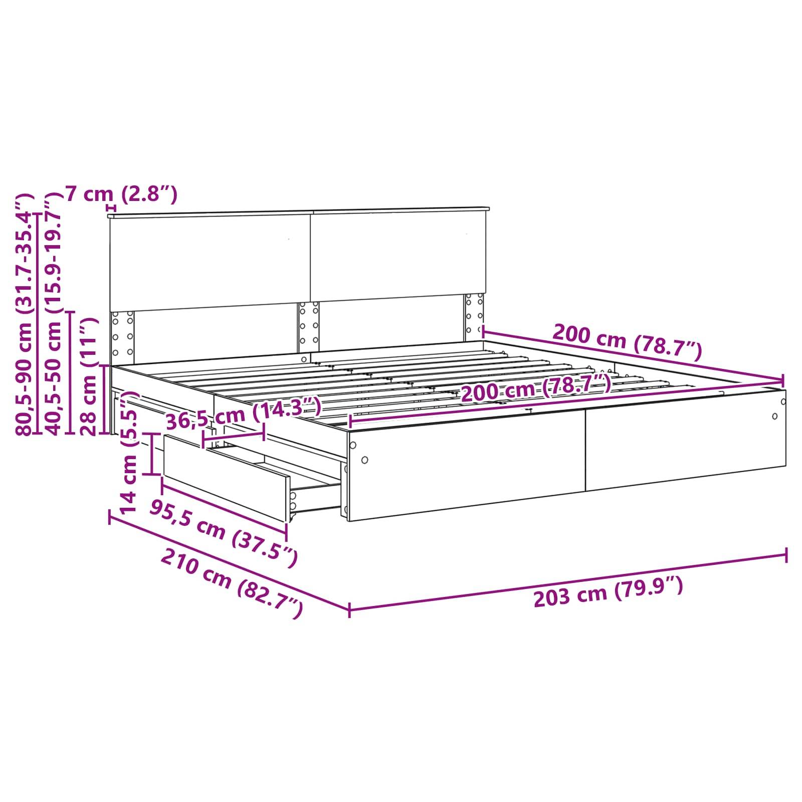 Bettrahmen-Diagramm mit Abmessungen: Länge 210 cm, Breite 200 cm, Höhe 74 cm. Beinhaltet Staurageschubladen am Rahmenunterteil.