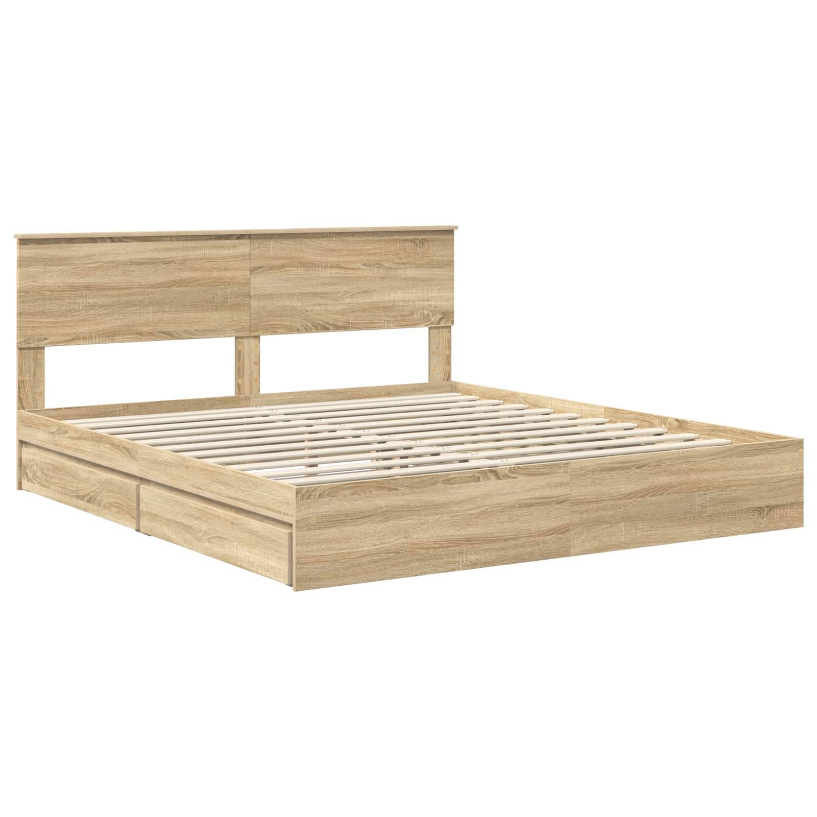 Ein Holzbettgestell mit Kopfteil, in einem hellen Eichenfinish gestaltet. Das Gestell verfügt über Lattenroste zur Matratzenunterstützung.