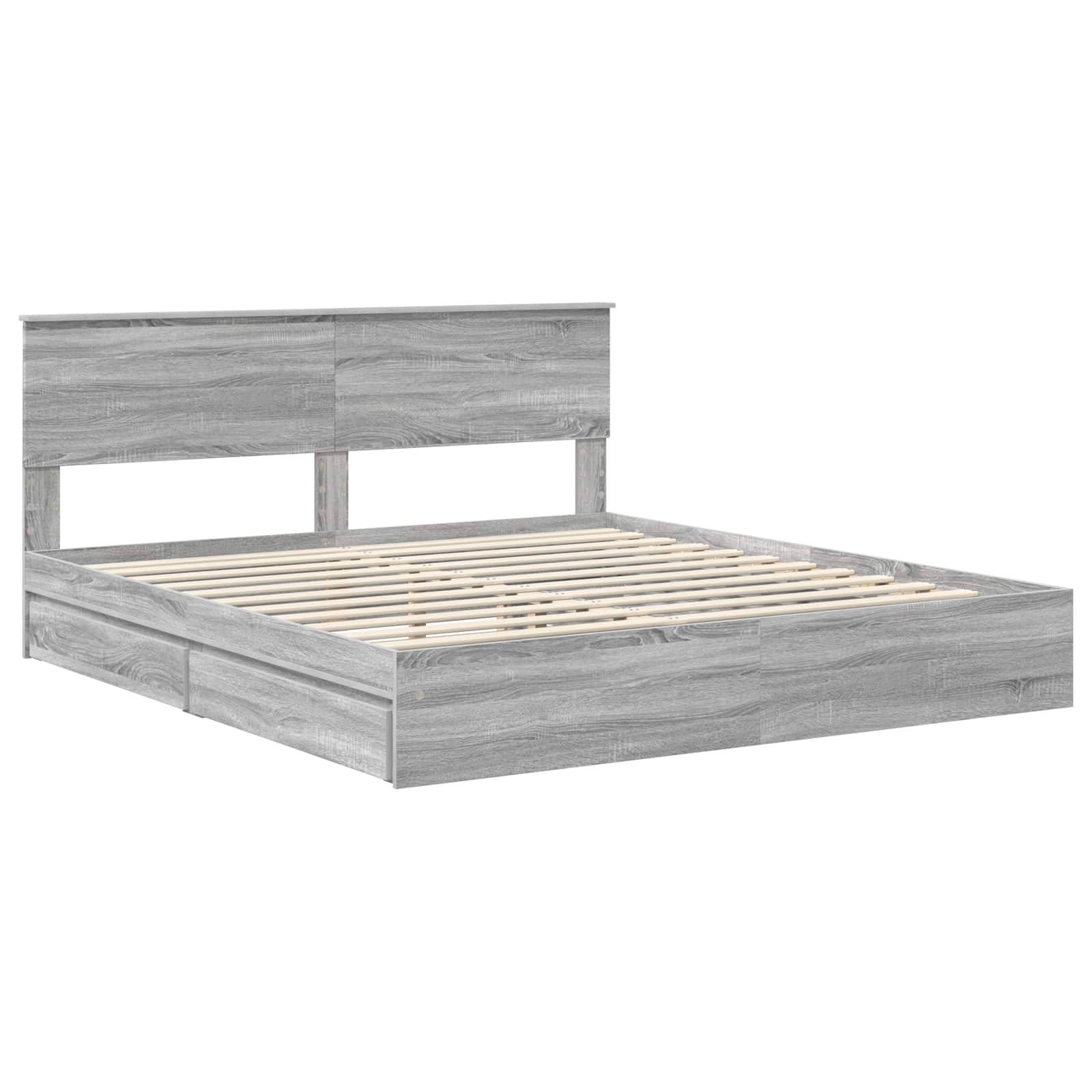 Ein hellgrauer Holzbettrahmen mit einem schlichten Kopfteil und einer Lattenrost-Basis, konzipiert für eine Matratze ohne Verwendung eines Boxspringbettes.