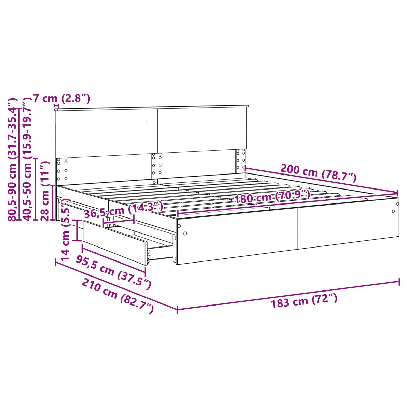 Maße des Bettgestells: Länge 210 cm (82,7