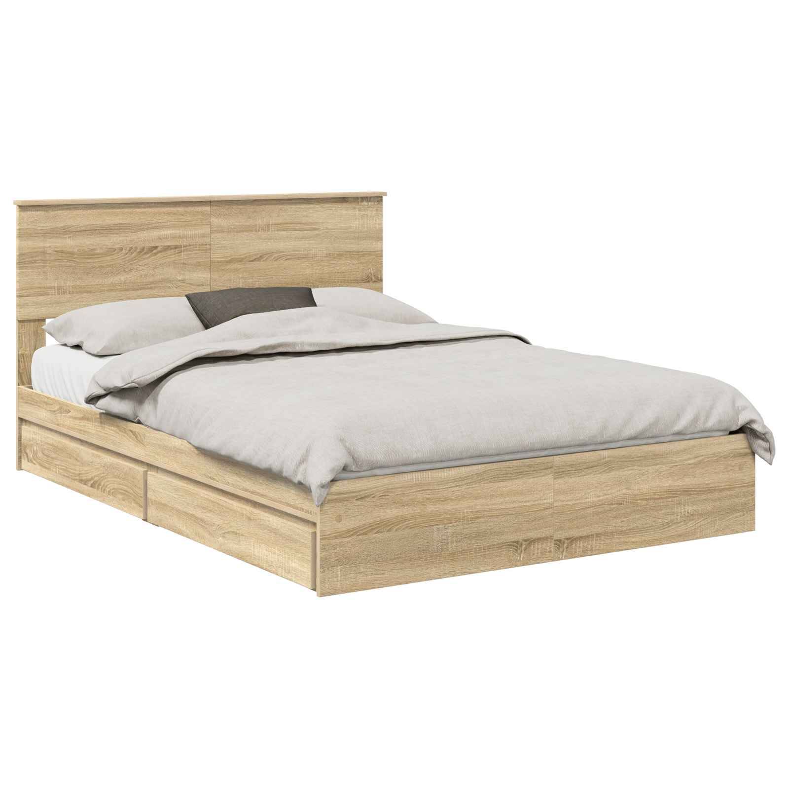 Ein Holzbettgestell mit einfachem Design, ausgestattet mit einer Doppelmatratze, die mit grauer Bettwäsche bezogen ist, und einem dunkelgrauen Kissen.