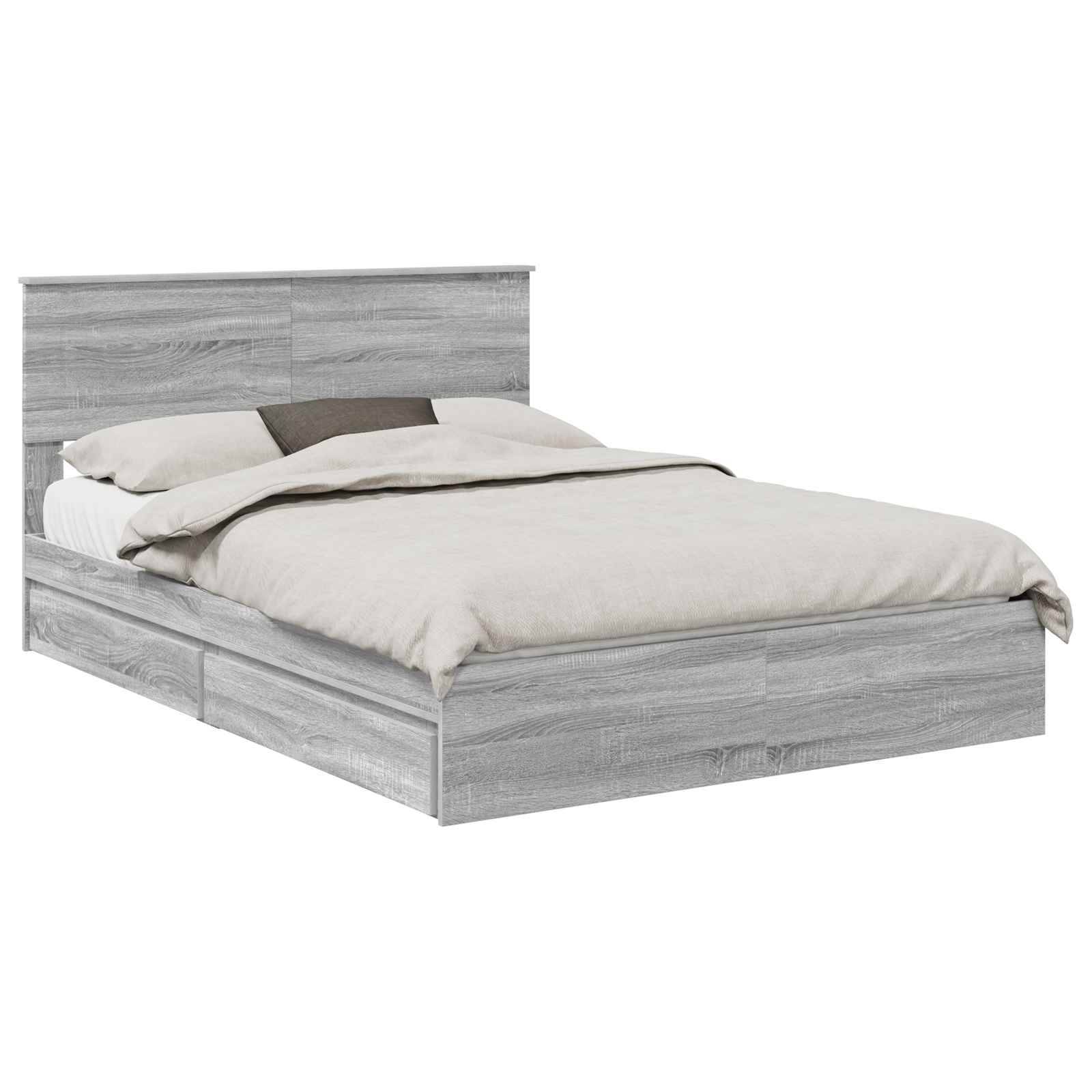 Ein grauer Holzbettrahmen mit hohem Kopfteil, ausgestattet mit einer weißen Matratze, beigefarbenen Laken und zwei Kissen. Das Bett ist ordentlich gemacht.