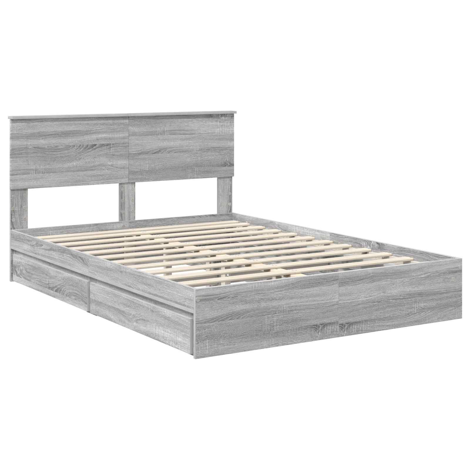 Ein hellgrauer Holz-Doppelbettrahmen mit einem schlichten Kopfteildesign und sichtbaren Latten, passend für ein modernes Schlafzimmer.
