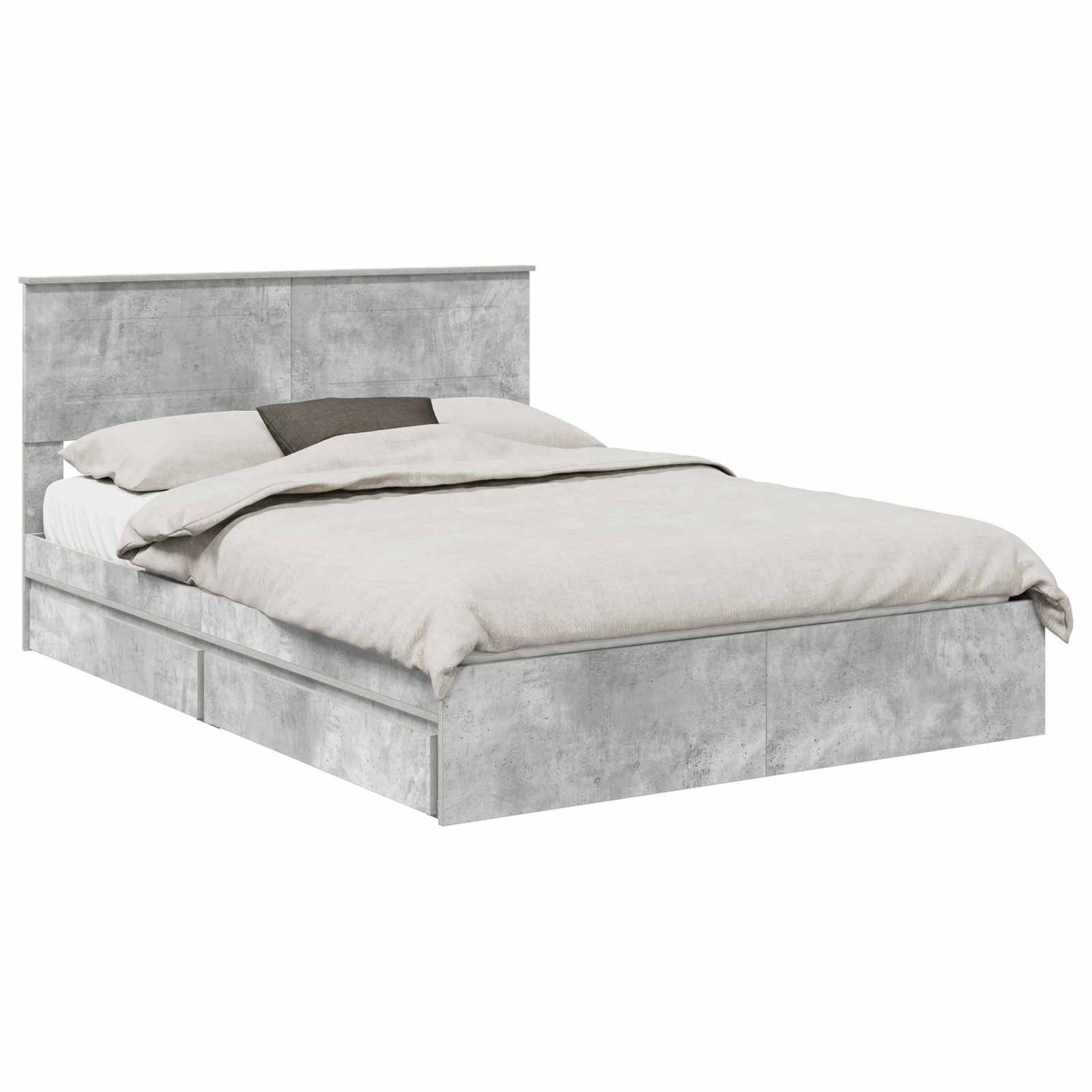 Ein modernes graues Bett mit hohem Kopfteil und weißer Bettwäsche, in einem Winkel positioniert.