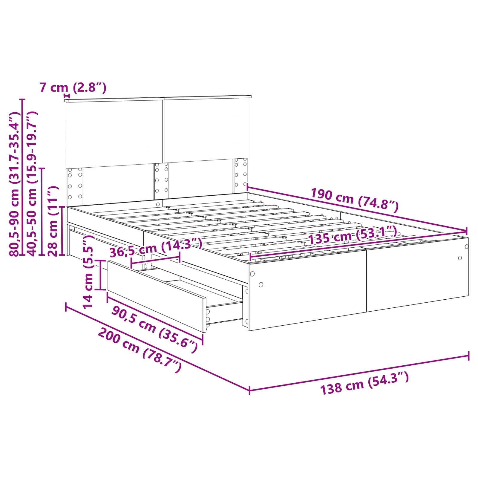 Diagramm, das die Abmessungen eines Bettgestells mit Stauraum zeigt: Länge 190 cm, Breite 138 cm, Höhe 80,5-90 cm. Enthält Schubladengrößen.