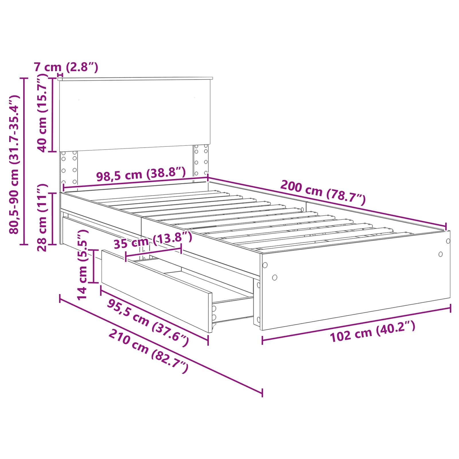 Illustration eines Bettes mit Maßen: Breite 200 cm, Länge 210 cm, Höhe 80,5-90 cm. Inklusive zwei 95,5 cm Schubladen darunter.