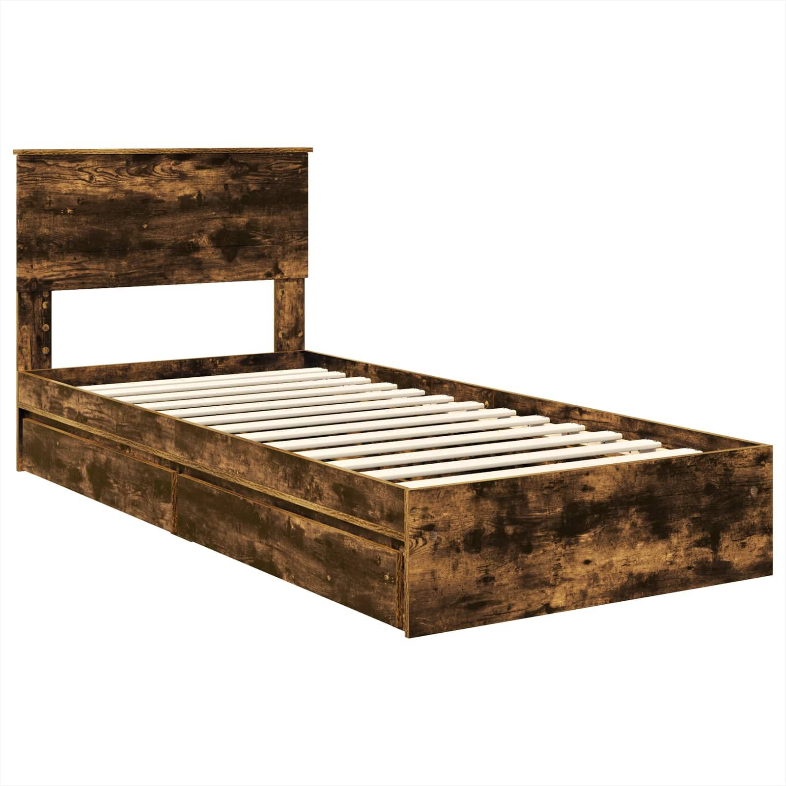 Ein rustikaler Holz-Einzelbettrahmen mit Lattenrost und zwei Unterbett-Schubladen. Der Kopfteil weist eine natürliche Holzoberfläche auf.