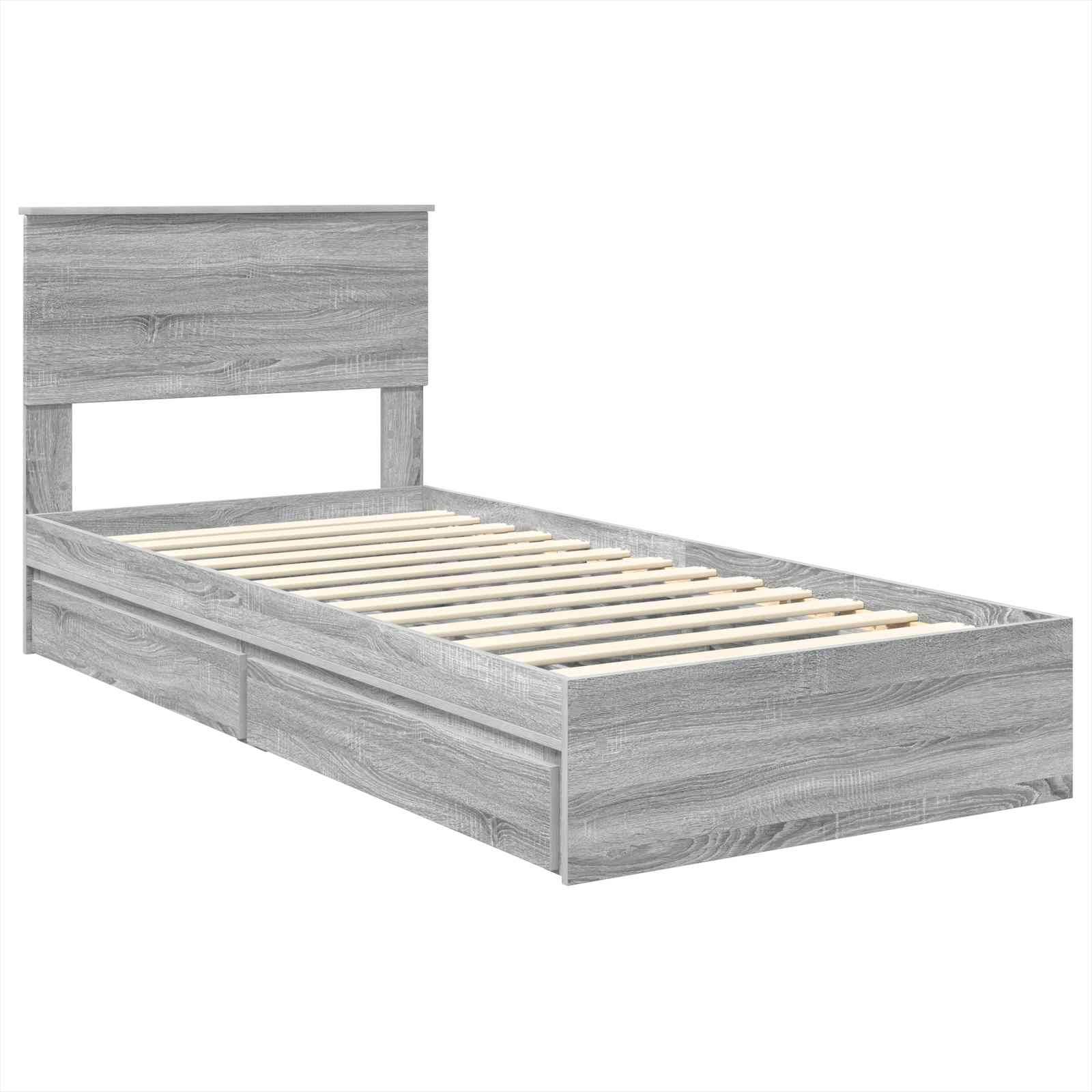 Graues Holz-Doppelbett mit Kopfteil und Lattenrost. Schlichtes, modernes Design, passend für zeitgenössische Schlafzimmereinrichtung.