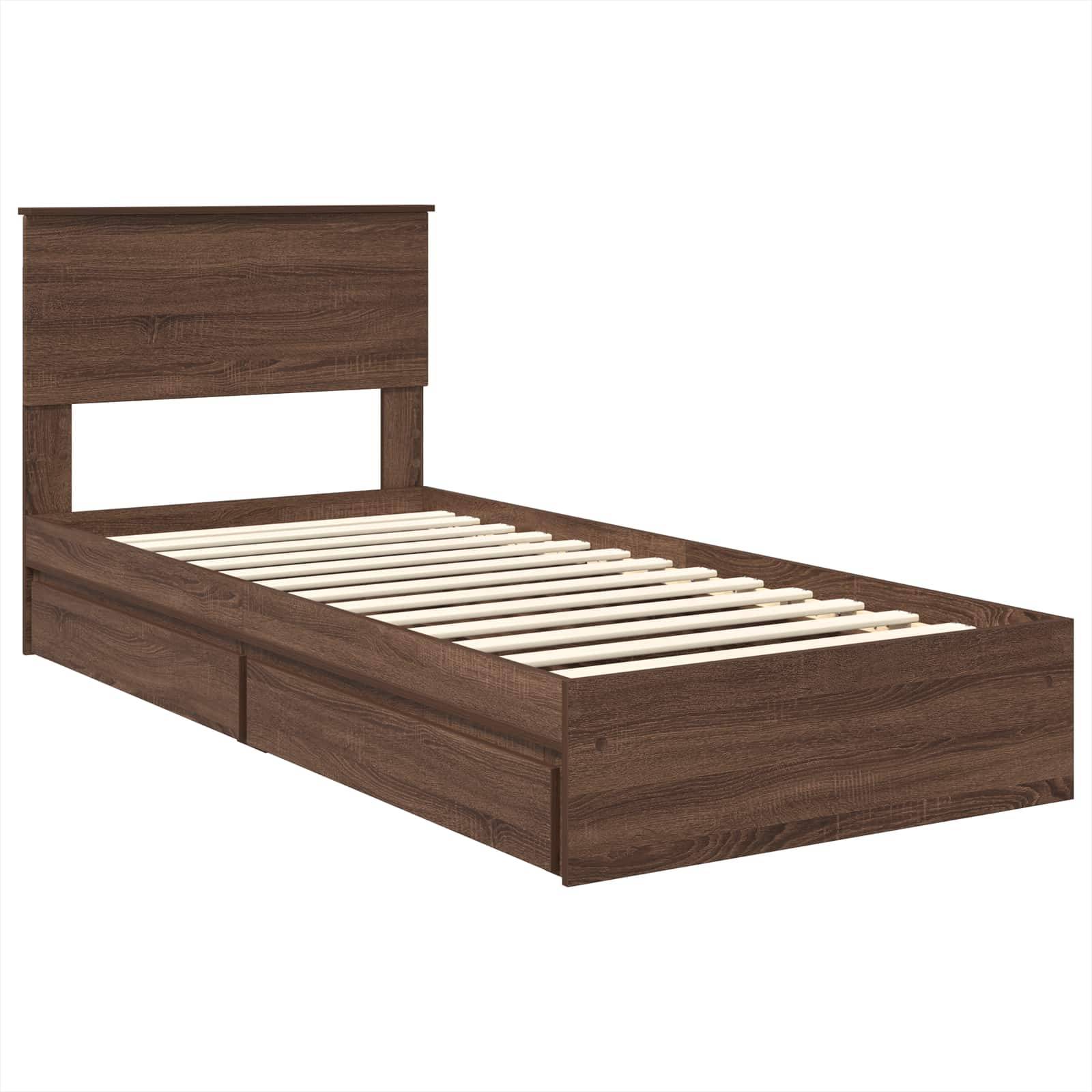 Ein Holz-Doppelbett mit geradem Kopfteil und zwei Staurageschubladen darunter, ohne Matratze, vor einem weißen Hintergrund.