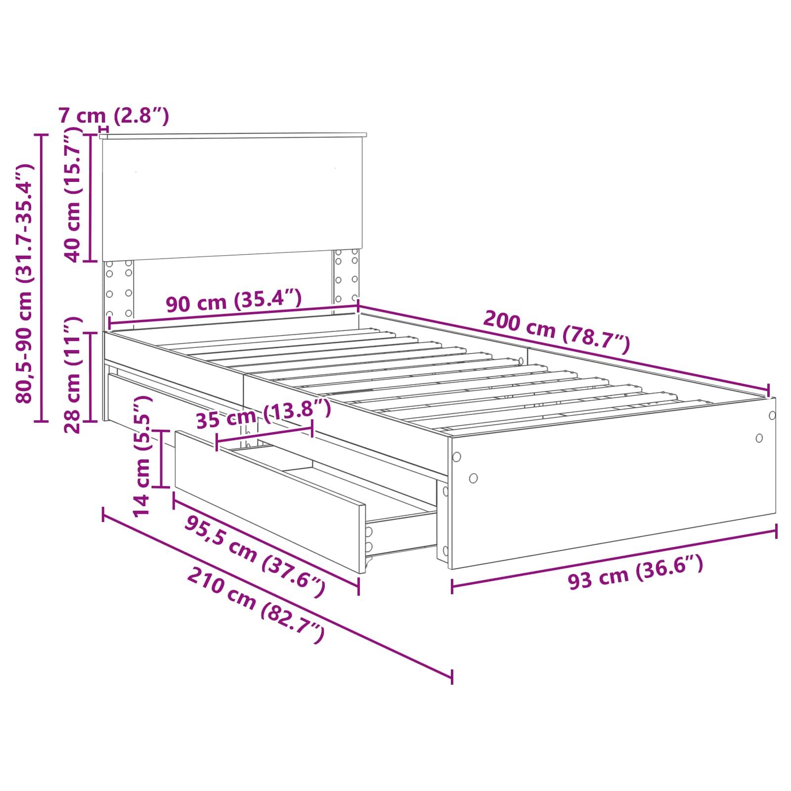 Eine Skizze eines Bettgestells mit Maßangaben: Länge 200 cm, Breite 90 cm, Höhe 80,5-90 cm. Enthält Schubladen-Abmessungen und -Platzierung.