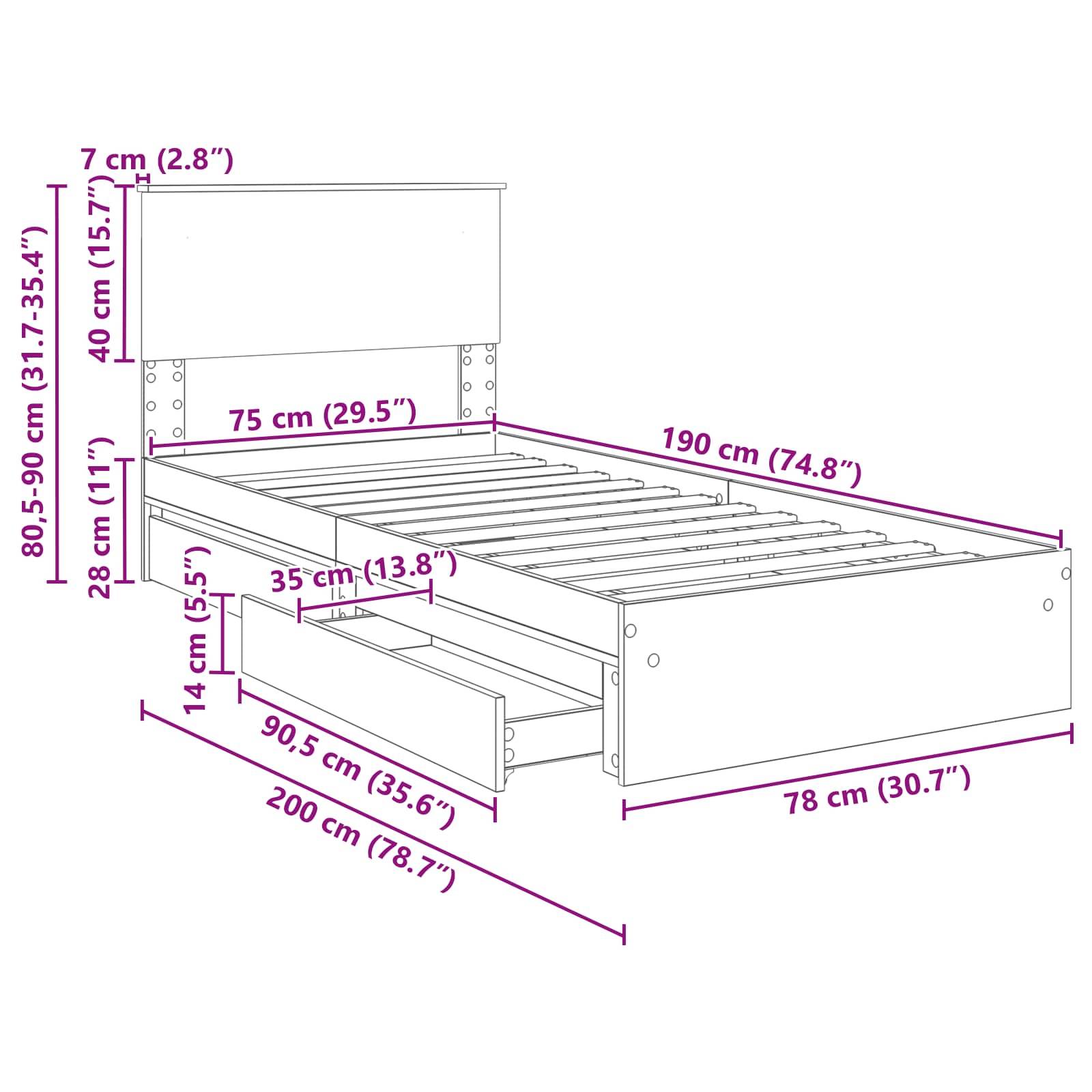 Diagramm eines Bettgestells mit Maßen: 190 cm Länge, 90,5 cm Breite inklusive Schubladen, 80,5-90 cm Höhe mit Kopfteil. Ausgestattet mit zwei Schubladen.