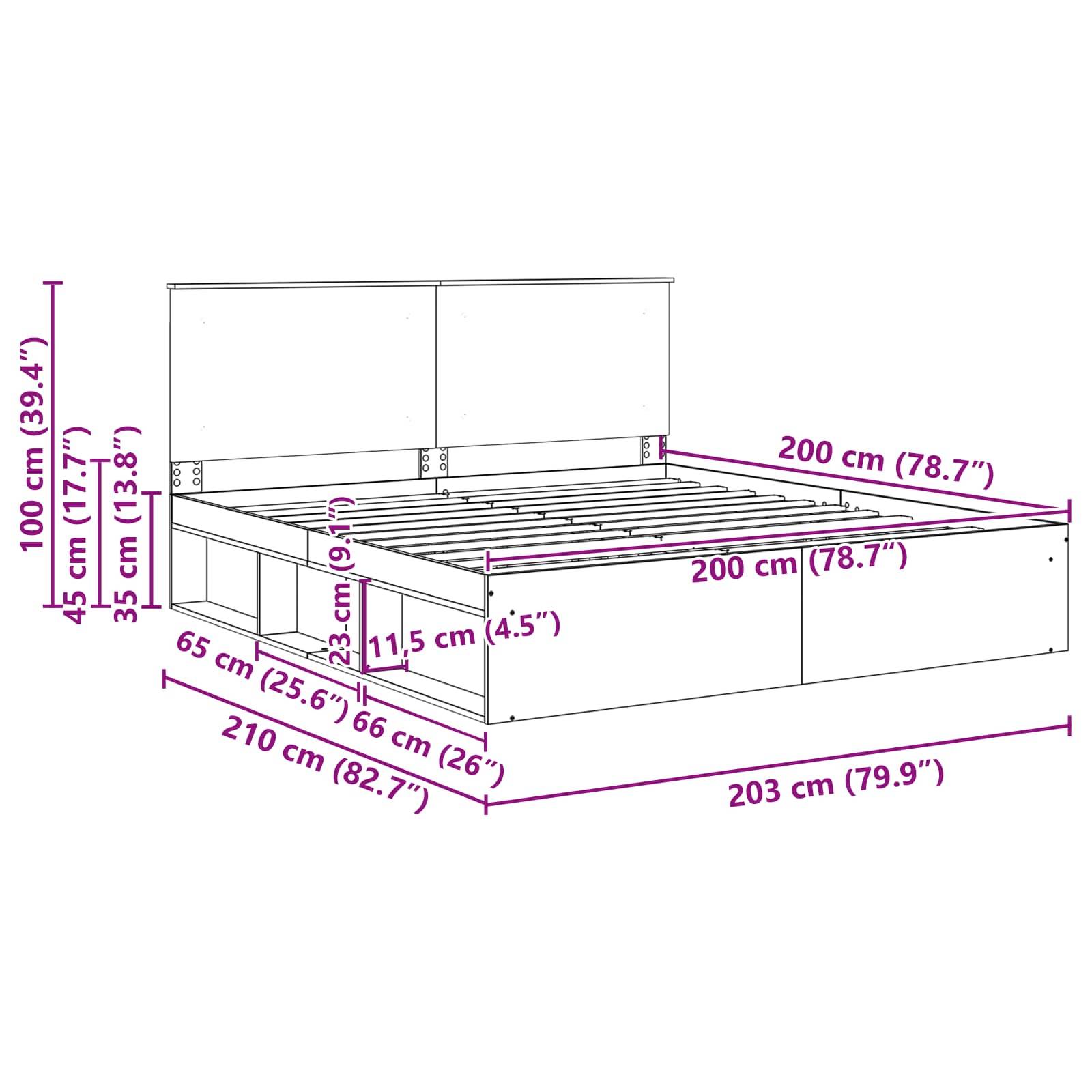 Skizze der Bettrahmenabmessungen: Höhe 100 cm, Länge 210 cm, Breite 203 cm, Kopfteilhöhe 117 cm, Fußteilhöhe 35 cm, Innenabmessungen 200 cm x 200 cm.