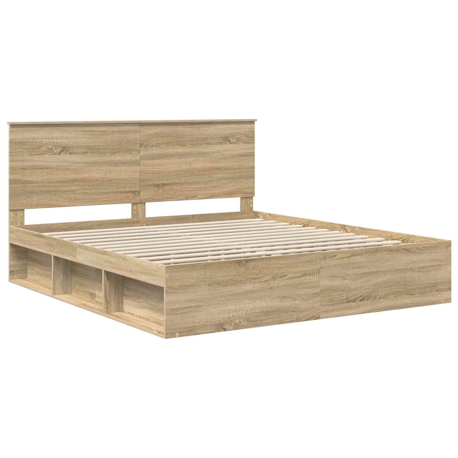 Ein Doppelbett-Holzrahmen mit Lattenrost und Kopfteil, ausgestattet mit integrierten Stauraummöglichkeiten an den Seiten und darunter.