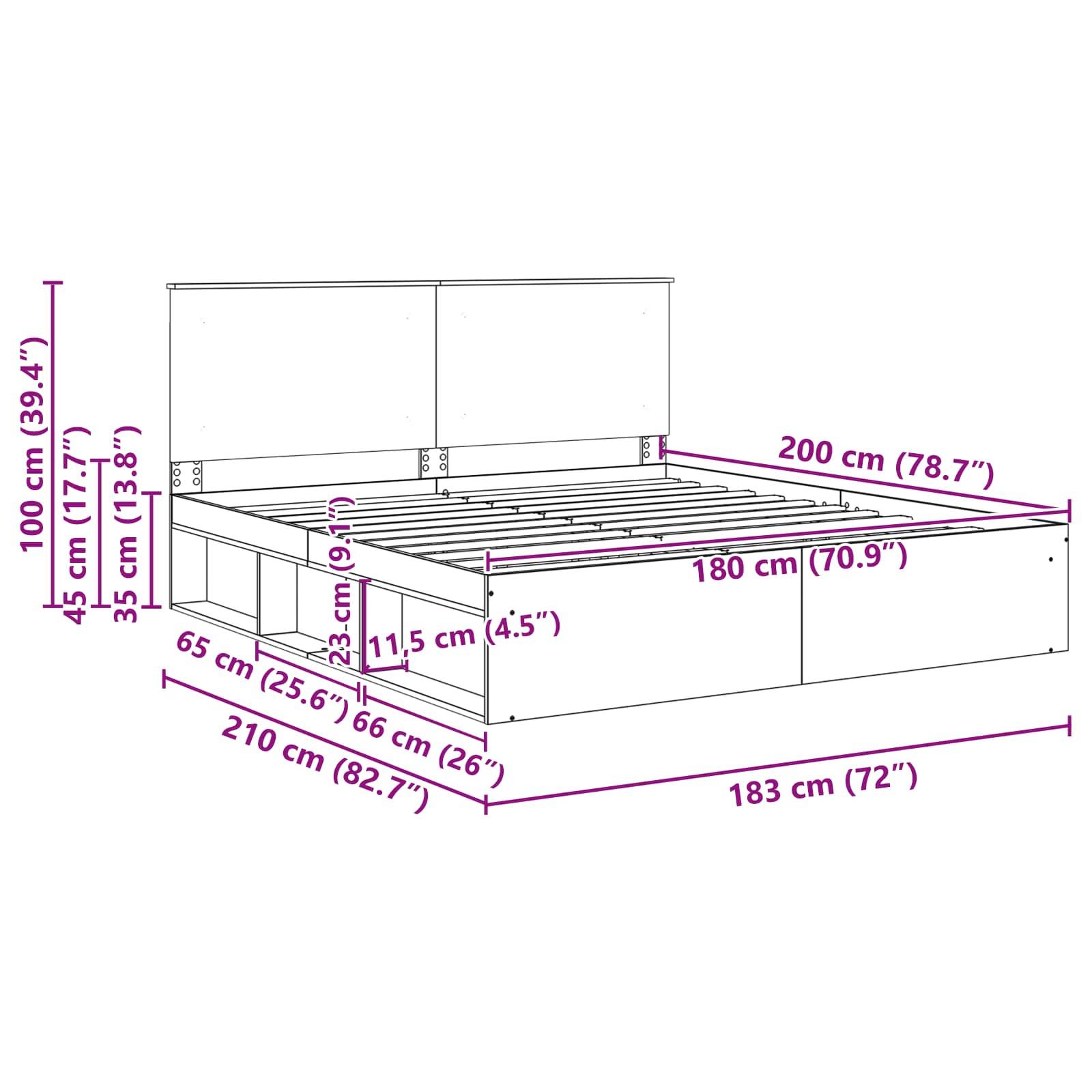 Eine Skizze eines Bettgestells mit folgenden Abmessungen: Höhe 100 cm, Breite 200 cm, Tiefe 183 cm, Tiefe der Stauraumfächer 59 cm, Basishöhe 45 cm.
