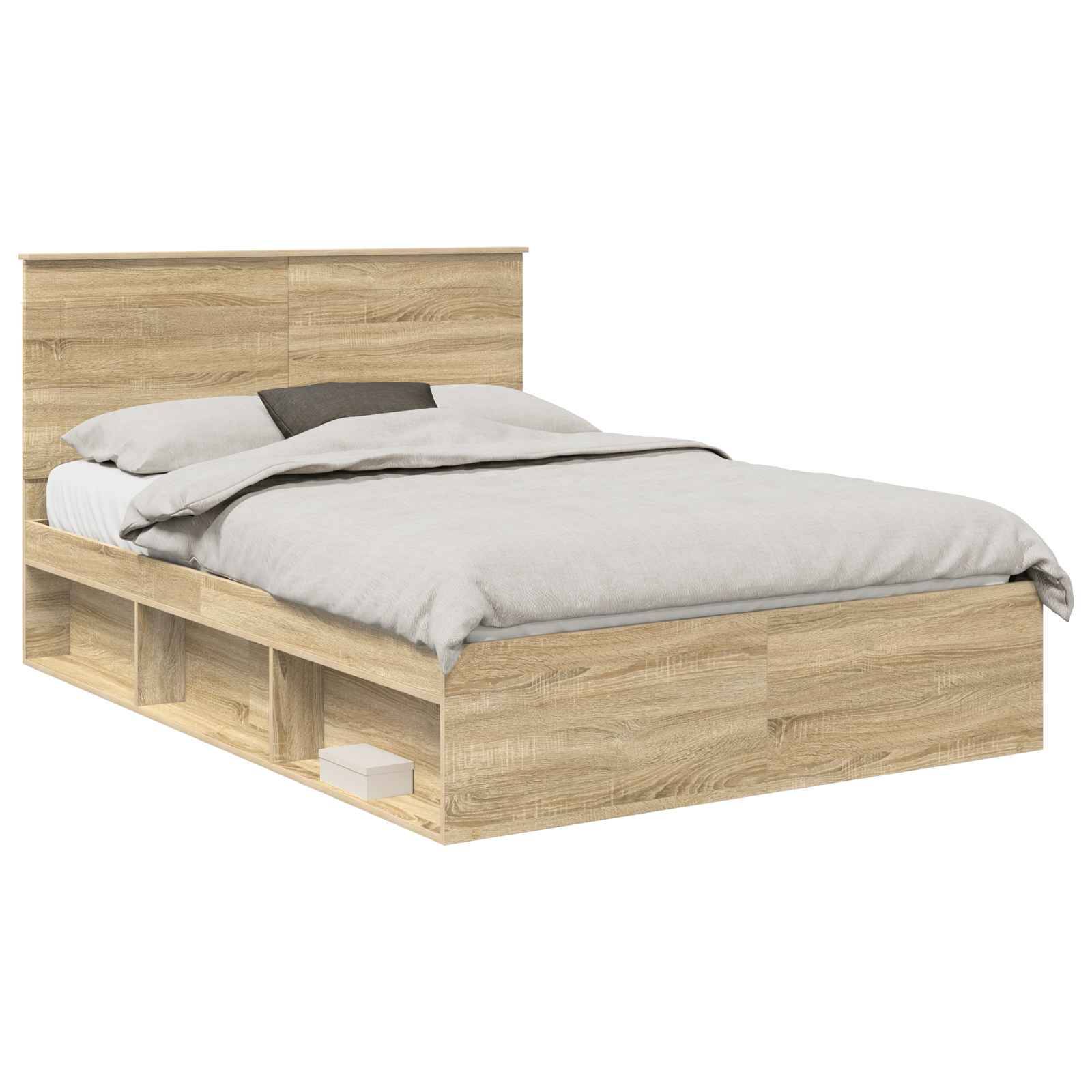 Ein Holzplattformbett mit Kopfteil, versehen mit einem hellen Holzfinish. Das Bett ist ordentlich gemacht mit einem grauen Bettdecken und zwei Kissen.