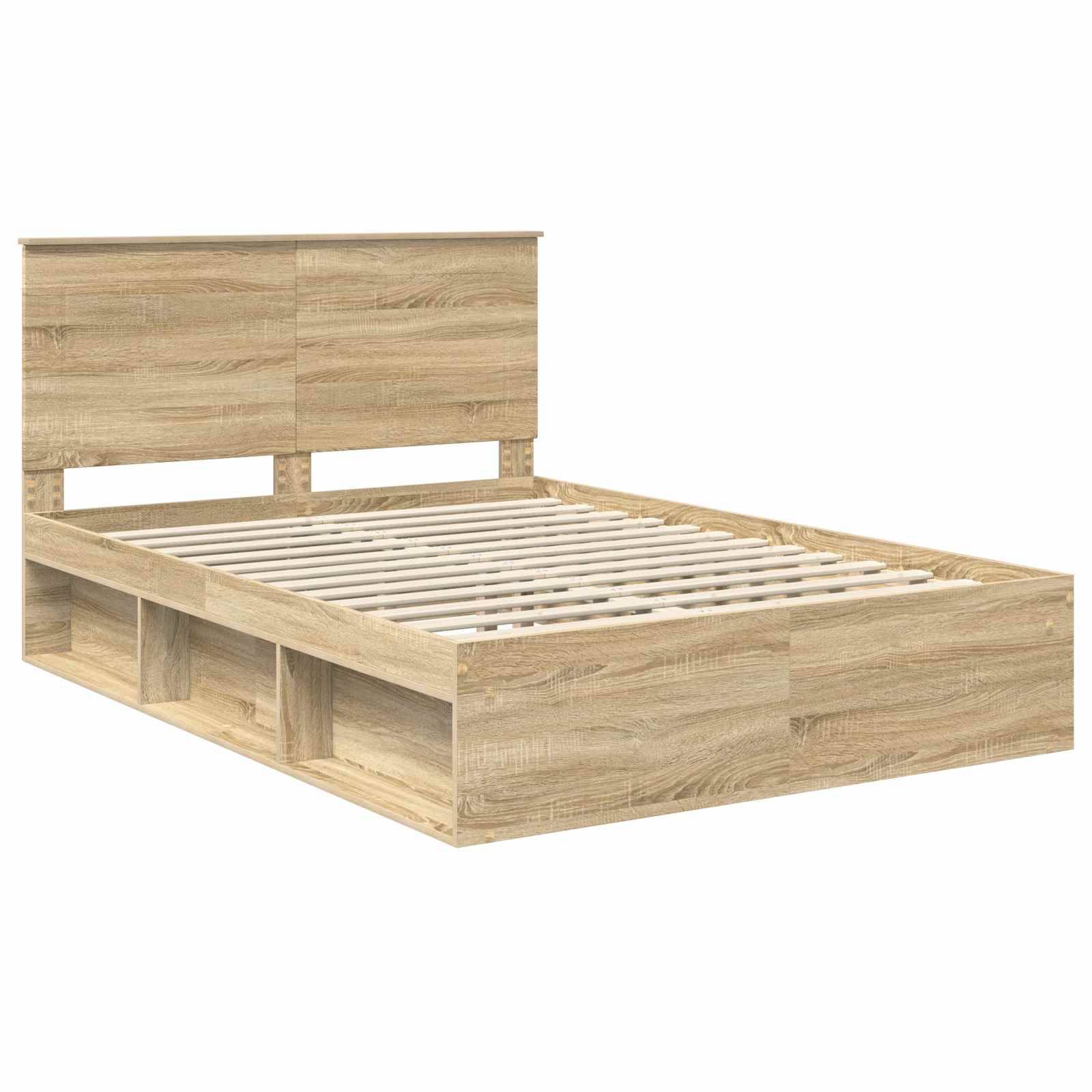 Holzrahmen mit Kopfteil und Stauraum darunter, in natürlicher Holzoptik.
