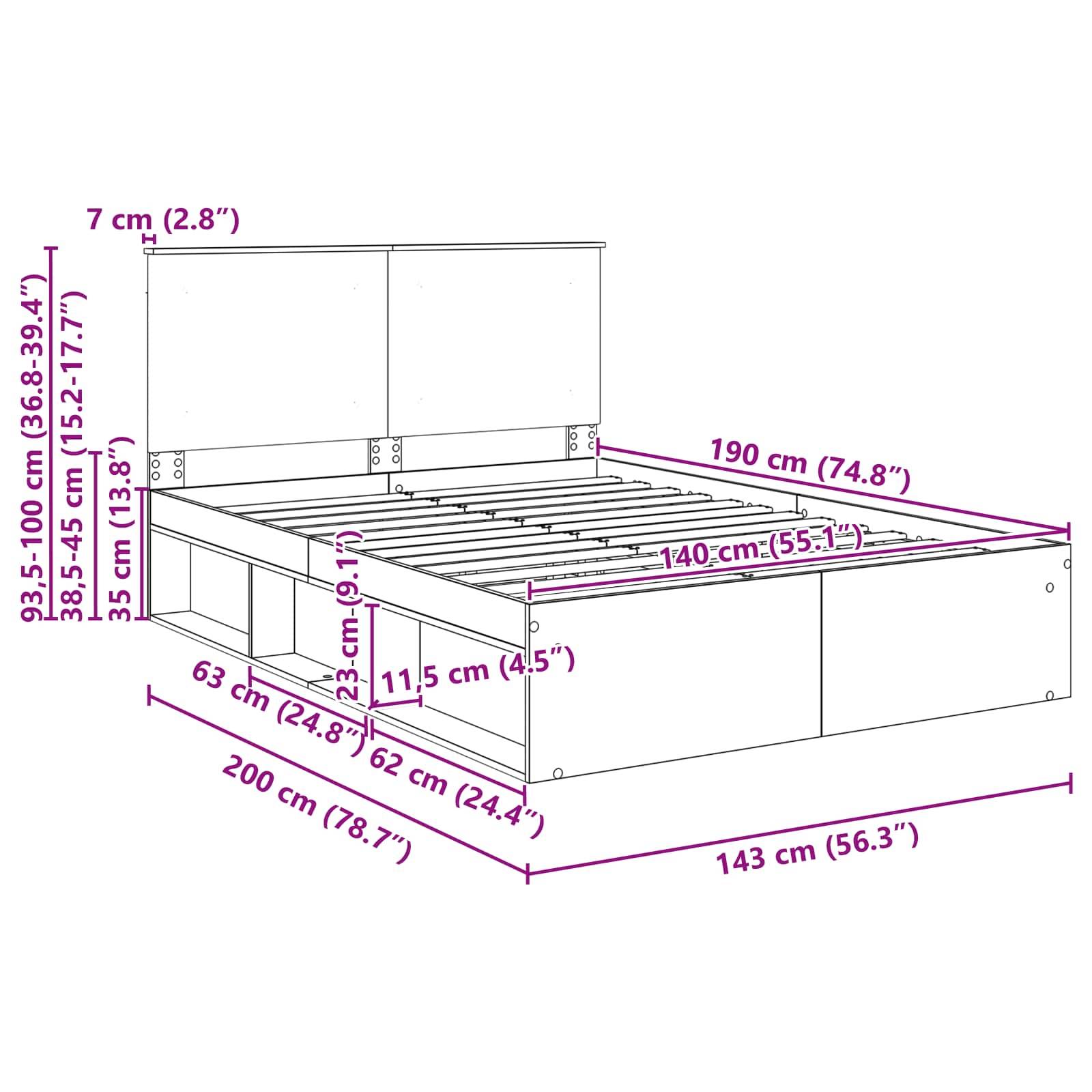 Linienzeichnung eines Bettes mit Kopfteil und Stauraum unter dem Bett. Abmessungen: 190 cm lang, 140 cm breit, verschiedene Höhen und Tiefen für die Komponenten.