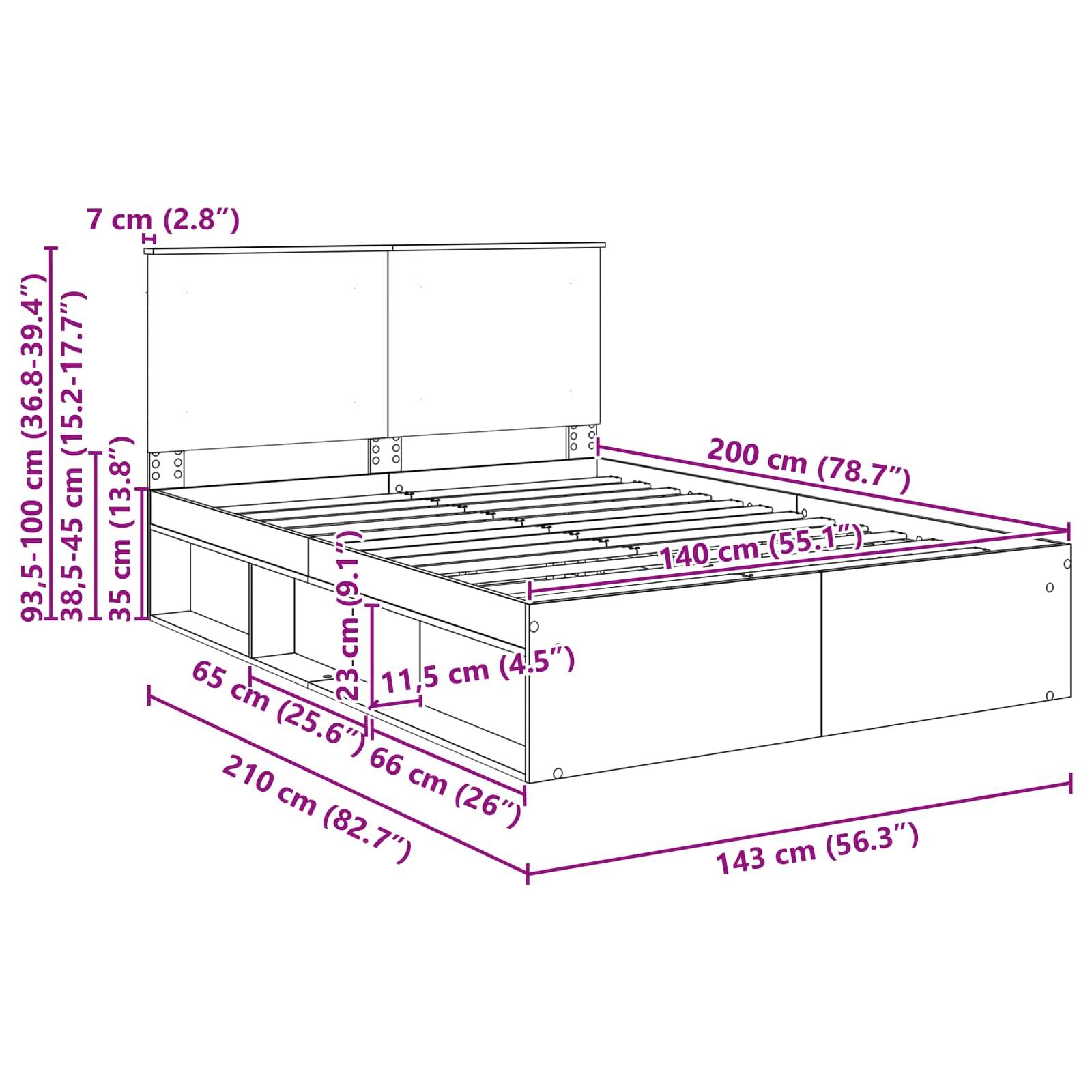 Diagramm eines Bettgestells mit Maßen: 200 cm (Breite), 210 cm (Länge) und verschiedenen Höhen. Enthält Kopfteil und Aufbewahrungsschubladen.