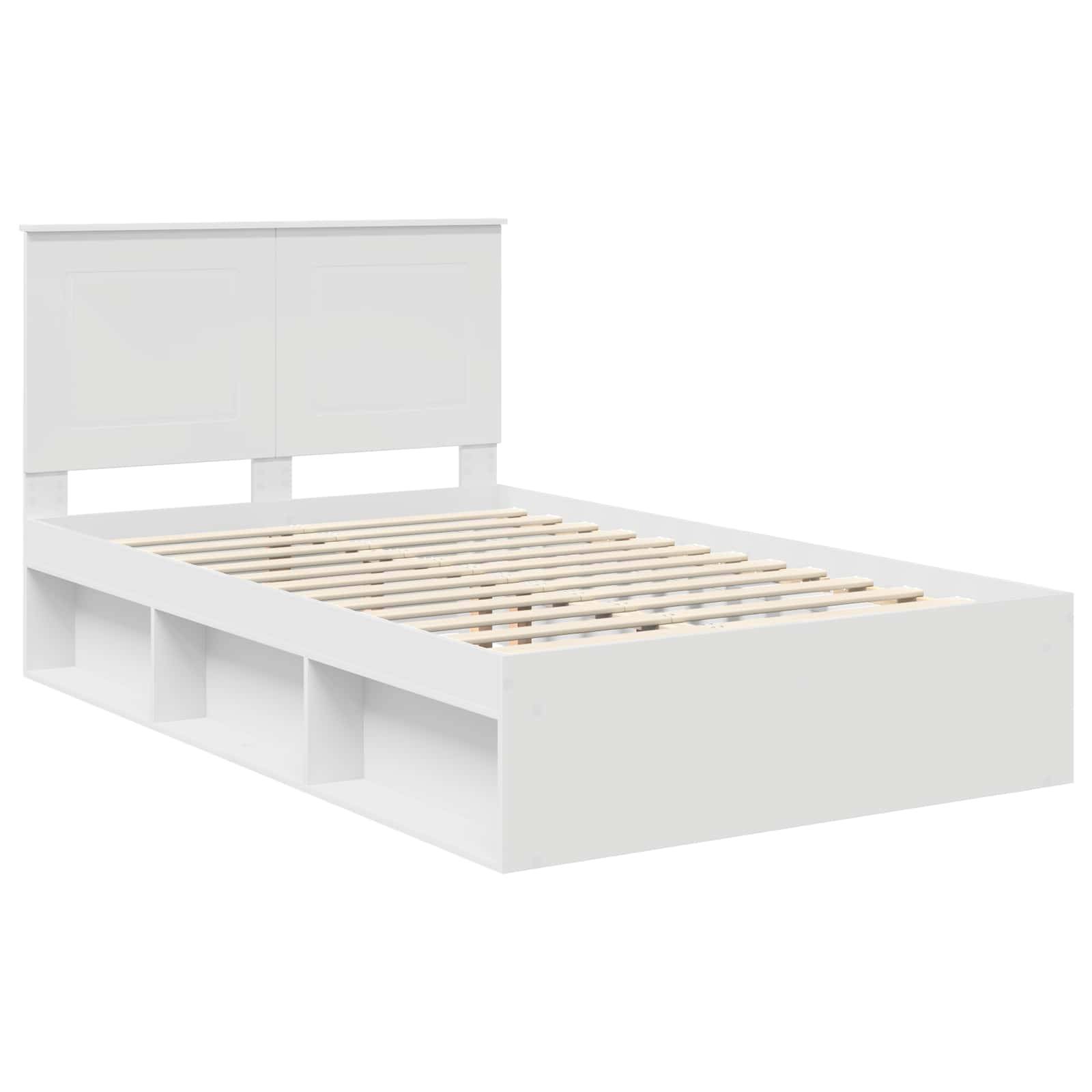 Weißes Plattformbett mit Kopfteil und Holzlatten. Das Bett verfügt über integrierte Stauraummöglichkeiten unter dem Bettgestell und präsentiert ein modernes Design.
