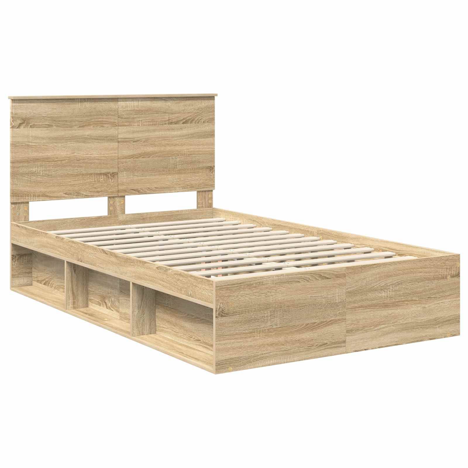 Ein Holzbettgestell mit einem Kopfteil und integrierten Stauraummöglichkeiten darunter.