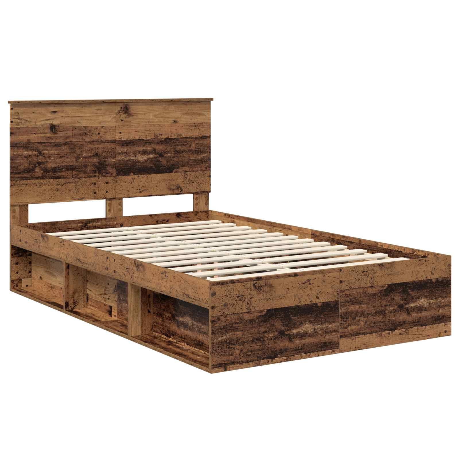 Ein Holz-Plattformbettgestell mit einem Kopfteil und Stauraumregalen unter dem Bett, das eine rustikale braune Oberfläche und ein Lamellenunterstützungssystem aufweist.