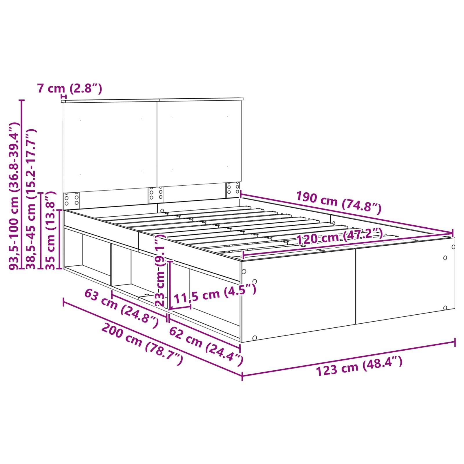 Ein Diagramm eines Bettgestells mit Maßen: Höhe 93,5-100 cm, Länge 200 cm, Breite 123 cm. Beinhaltet Kopfteilstauraum und Unterbettschubladen.