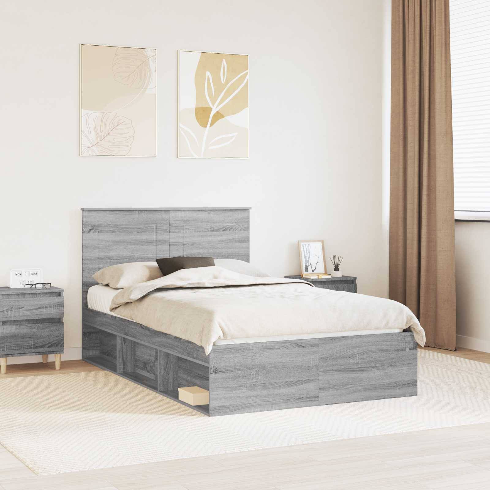 vidaXL Bettrahmen Graues Sonoma 135 x 190 cm Massives Kiefernholz