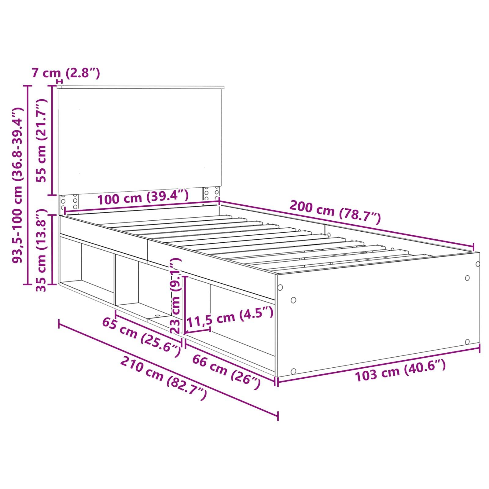 Plattformbett-Abmessungen: Breite 100 cm, Höhe 93,5-100 cm, Länge 210 cm. Matratzenabmessungen: Länge 200 cm, Breite 100 cm. Inklusive Stauraum.