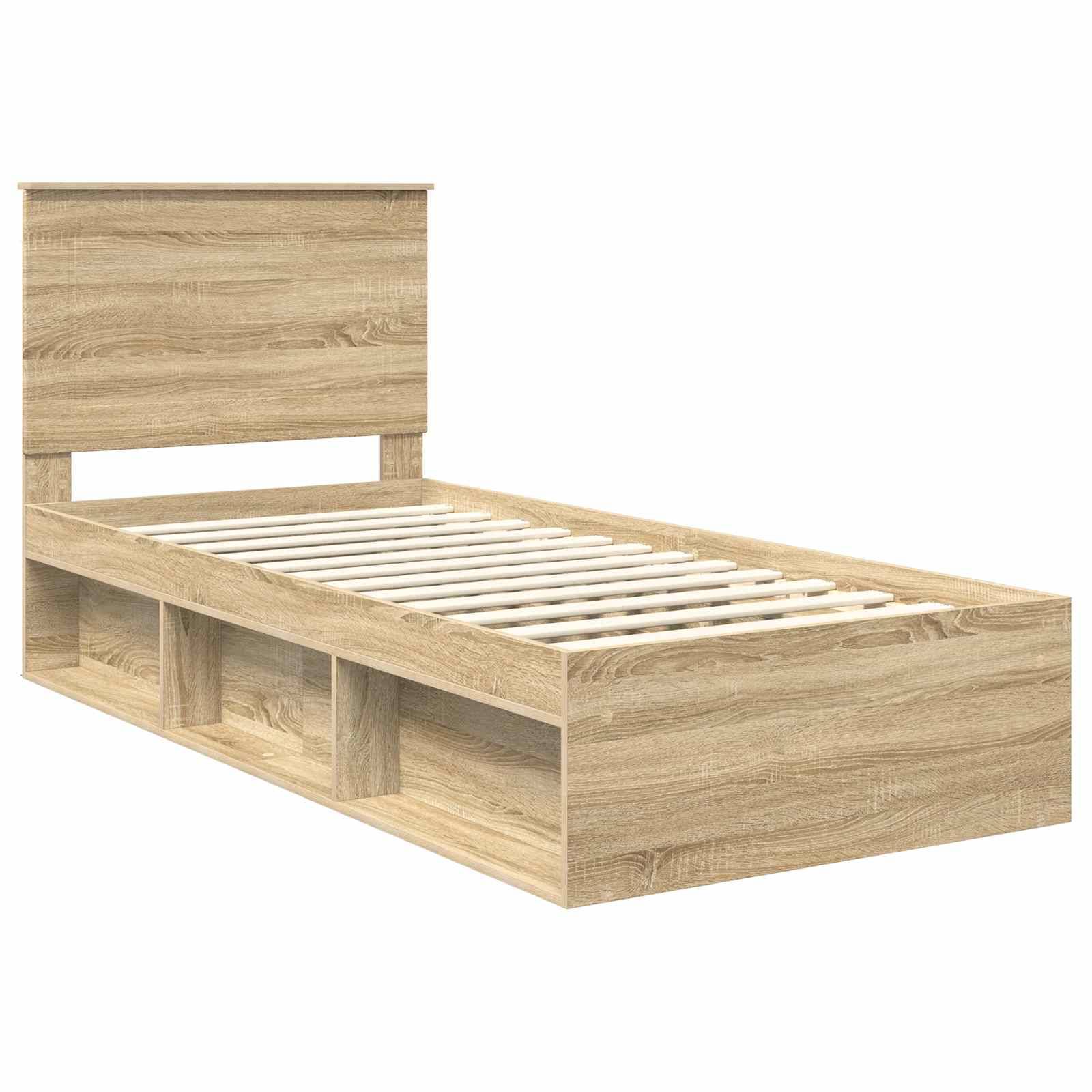 Holzernes Einzelbett mit Kopfteil, Lattenrost und integriertem Stauraum in Regalkastenform darunter. Das Design ist schlicht und zweckmäßig.
