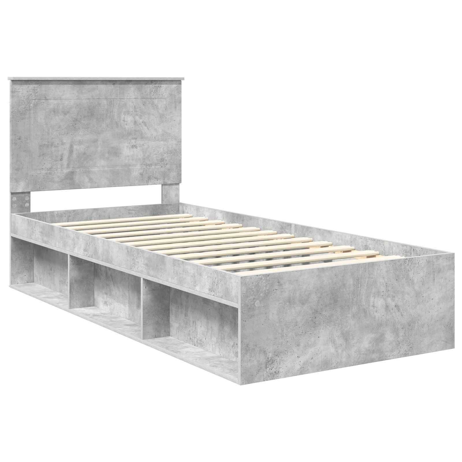 Ein grauer, Einzelbett-Rahmen mit hohem Kopfteil und Lattenrost, an dessen Seite Stauraum-Fächer sichtbar sind.