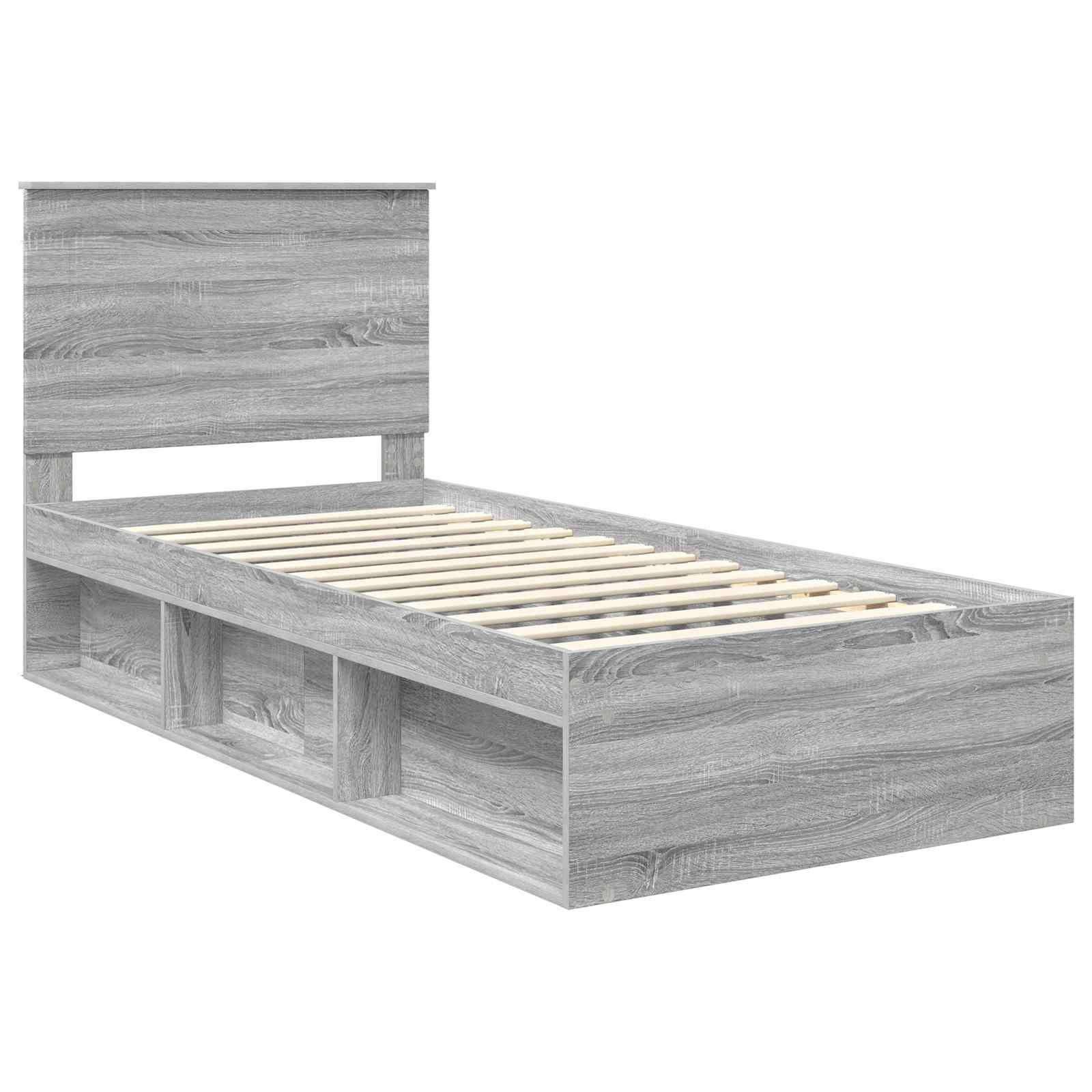 Ein grauer Holzbettrahmen mit hohem Kopfteil, Plattform-Design mit integrierten Stauraummöglichkeiten unter dem Bett.