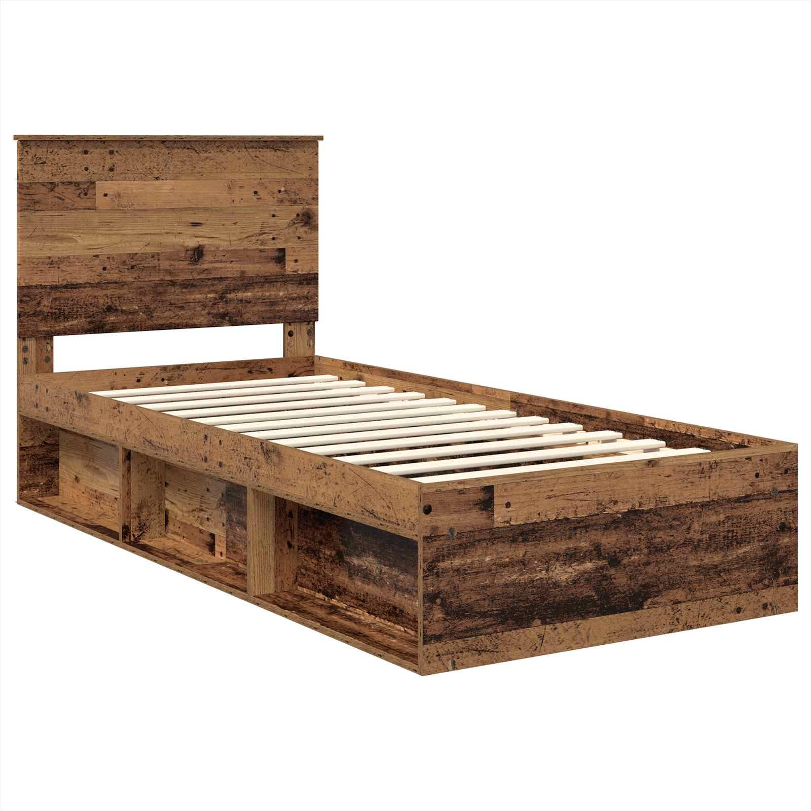 Ein Holz-Einzelbettgestell mit rustikaler Oberfläche, ausgestattet mit einem schlichten Kopfteil und Staurageschubladen darunter. Geeignet für kleine Räume.