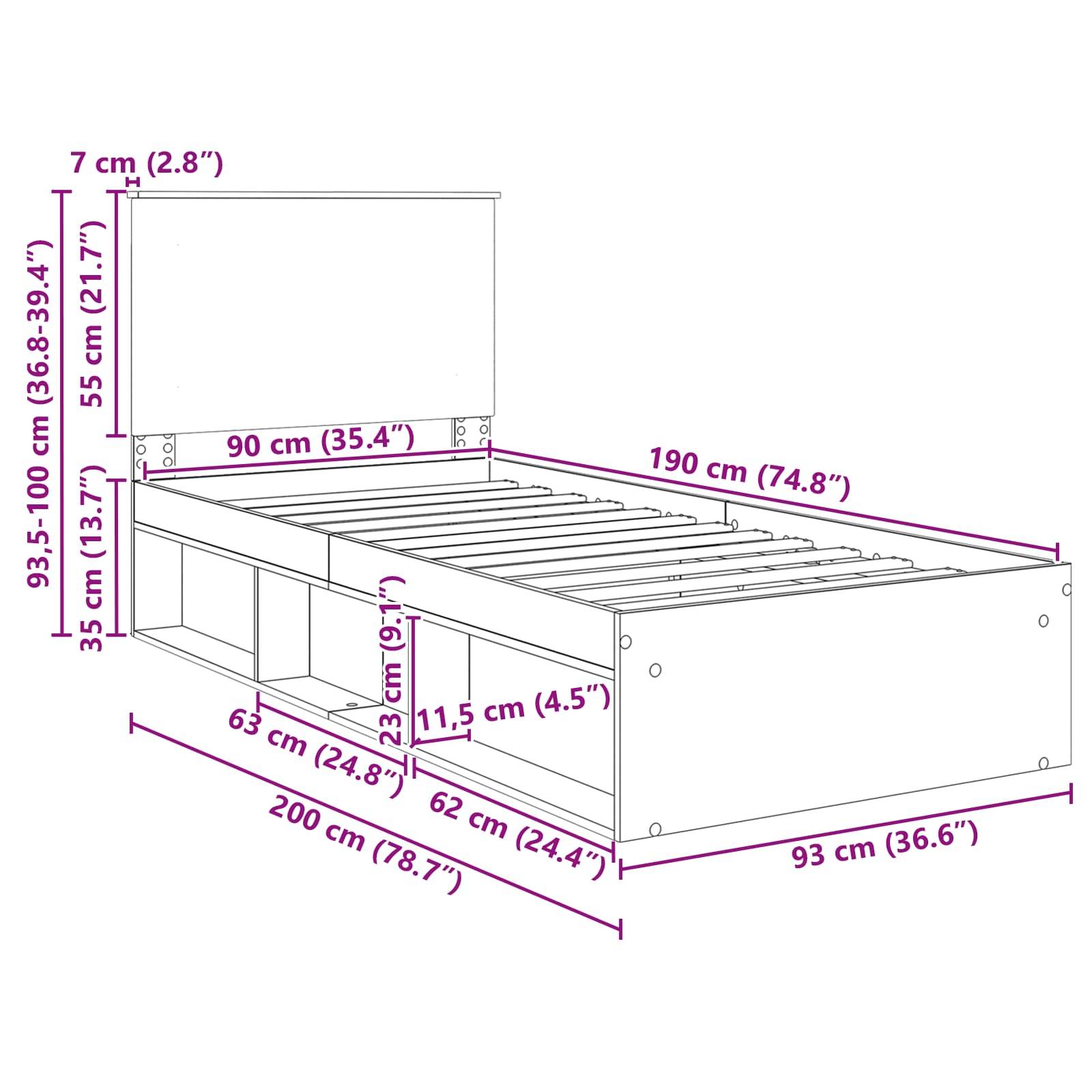 Bettmaße: Breite 93 cm, Länge 200 cm, höhenverstellbar 93,5-100 cm.Inklusive Stauraum: 63 cm breit, 37 cm hoch, 11,5 cm Ablage.