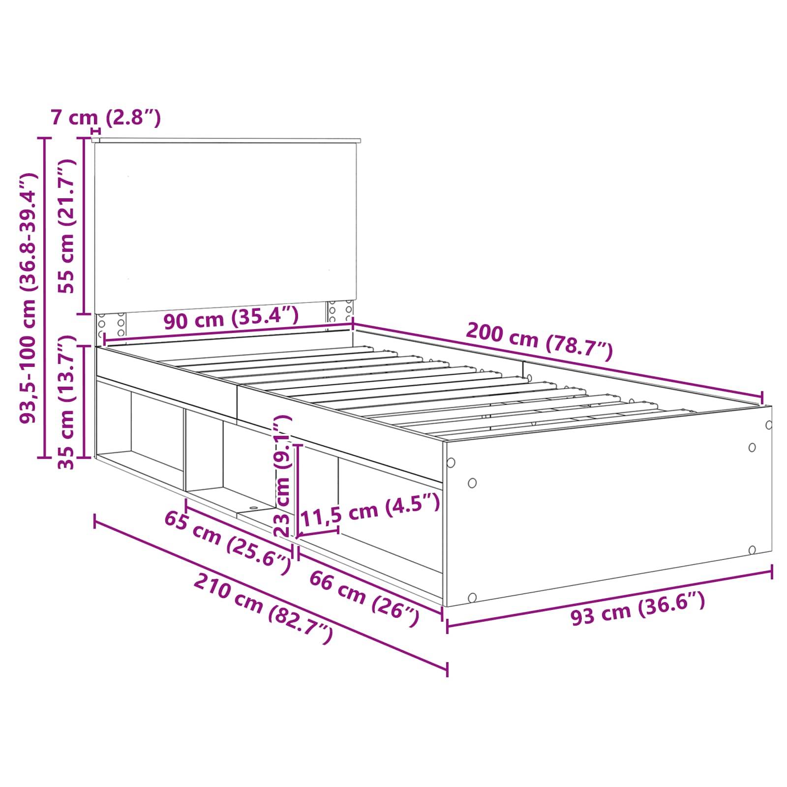 Diagramm eines Bettgestells mit Maßen: Höhe des Kopfteils 93,5 bis 100 cm, Länge 200 cm, Breite 93 cm, Speichertiefe 22 cm.