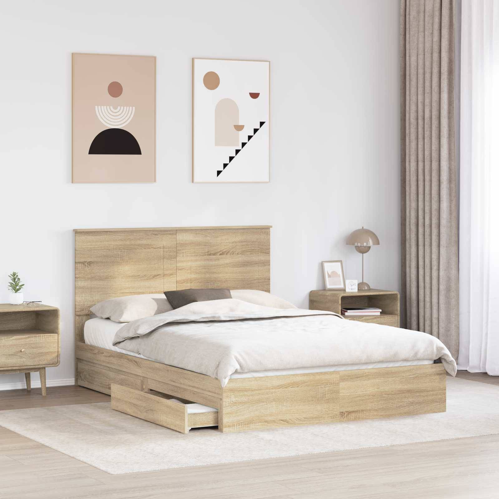 Ein minimalistisches Schlafzimmer mit einem Holzbett, Nachttischen und abstrakter Kunst an der Wand. Sanfte Beleuchtung und neutrale Töne schaffen eine beruhigende Atmosphäre.