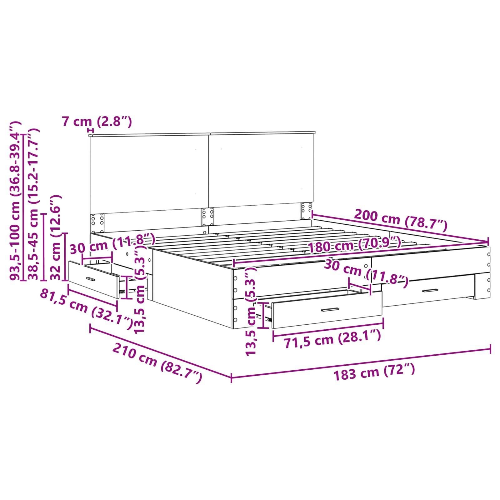 Diagramm eines Bettgestells mit Abmessungen. Länge 210 cm, Breite 183 cm. Kopfteilhöhe 93,5-100 cm, Schubladementiefe 33 cm, Schubladenhöhe 13,5 cm.