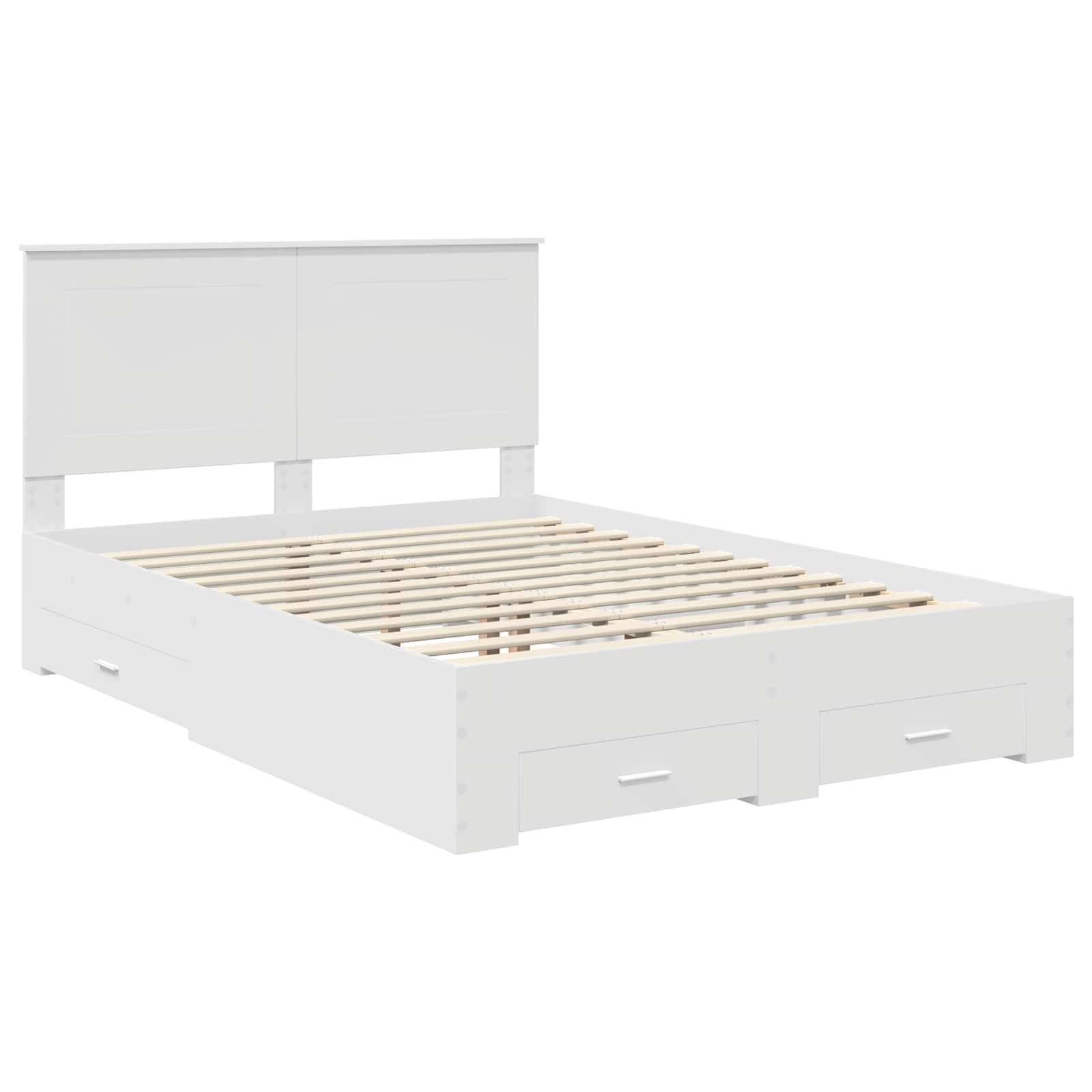 Ein weißer Holzbettrahmen mit vier Staurageschubladen darunter, konzipiert für eine minimalistische oder moderne Schlafzimmereinrichtung.