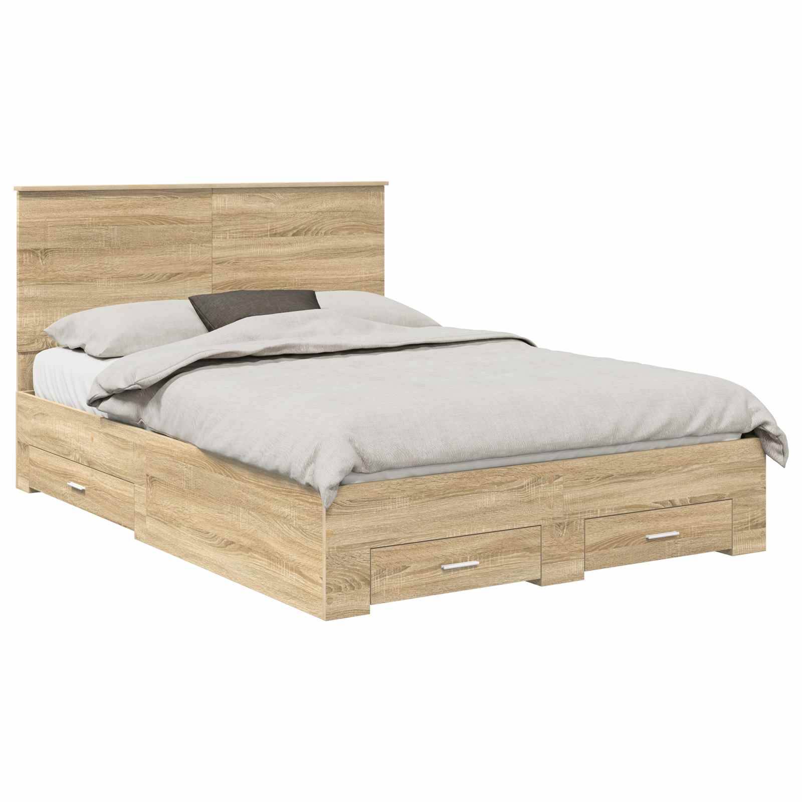 Ein Holzbett mit einer hellen Eichenoberfläche verfügt über ein Kopfteil und integrierte Staurageschubladen darunter. Das Bett ist ordentlich bezogen mit grauer Bettwäsche.