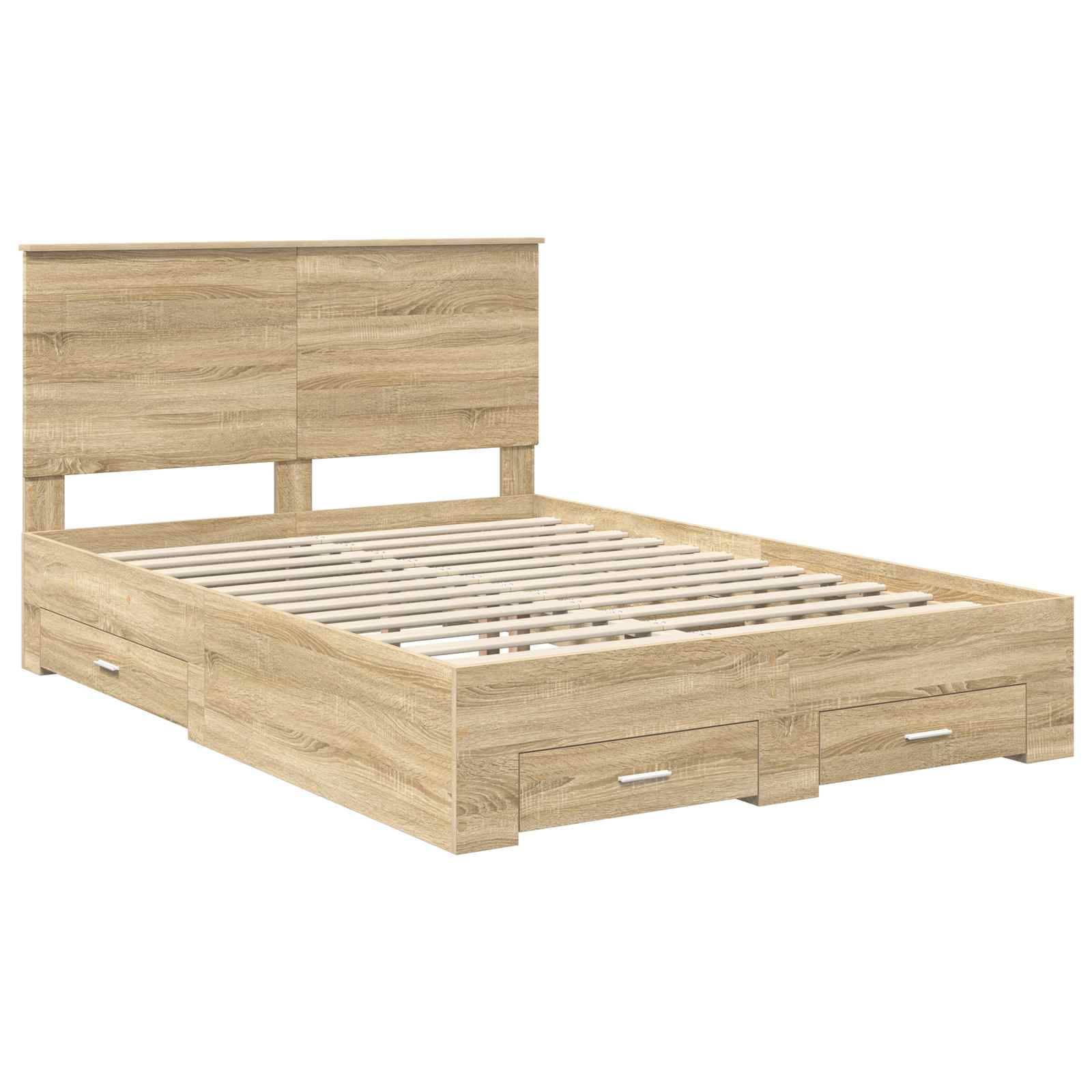 Ein Holzbettgestell mit Kopfteil und integrierten Staurageschubladen darunter. Das Holz hat eine helle Eiche-Oberfläche.