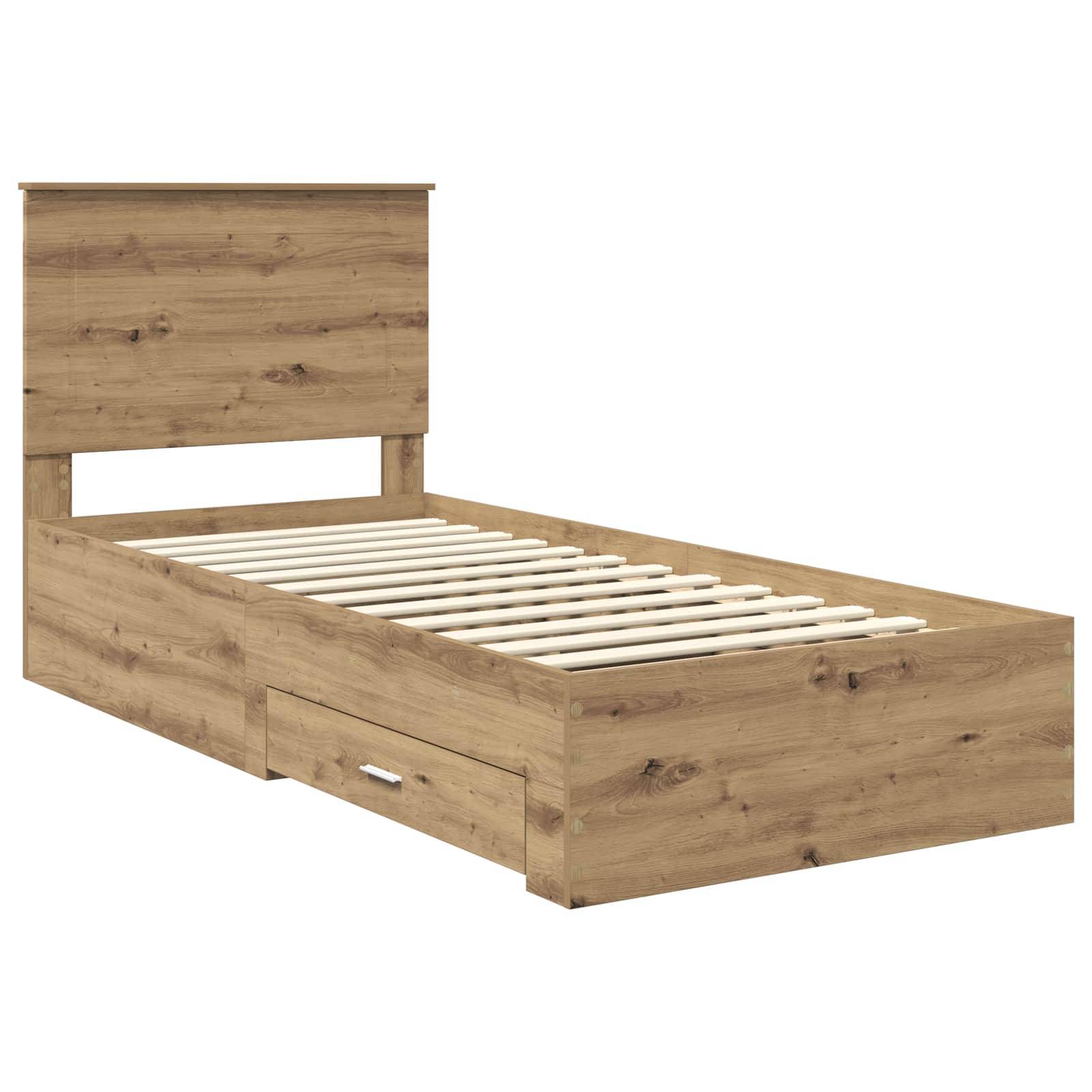 Holzbett für eine Person mit naturbelassenem Finish, mit hohem Kopfteil und Schublade zur Aufbewahrung darunter.