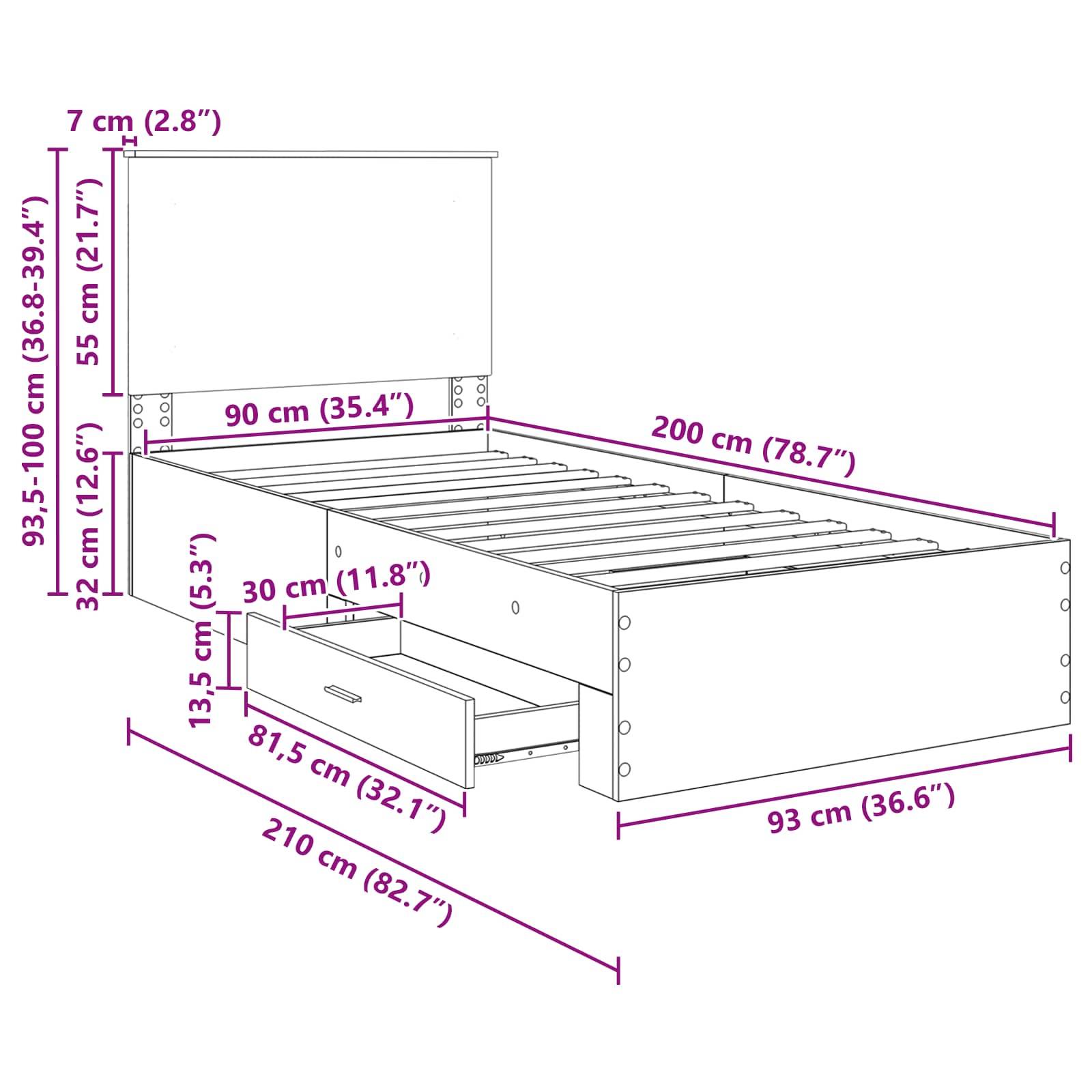 Montageanleitung für Bettrahmen: Einzelbettmaße, 90 cm breit, 200 cm lang, mit 30 cm hoher Aufbewahrungsschublade darunter. Höhe des Kopfteils 93,5 bis 100 cm.