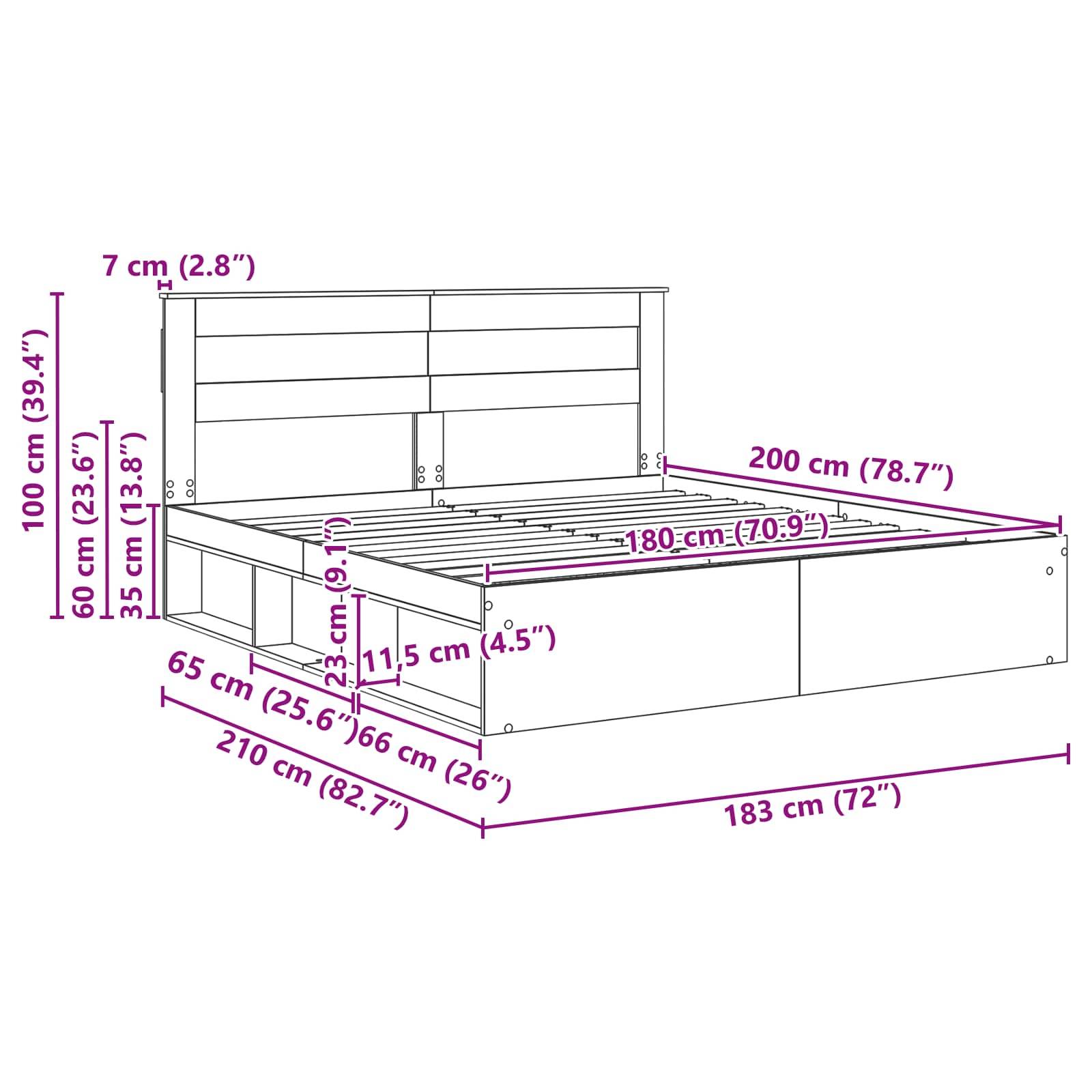 Bettrahmen-Diagramm mit Maßen: Höhe 100 cm, Breite 183 cm, Länge 210 cm. Inklusive Staurageschubladen darunter.