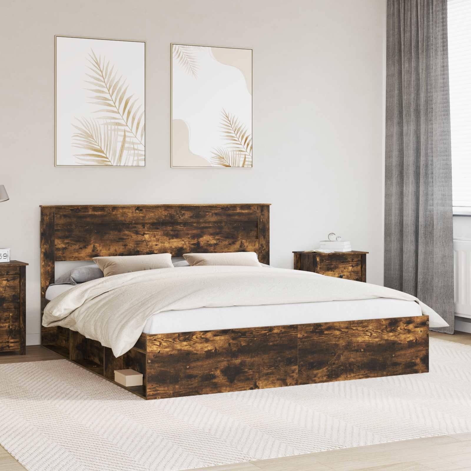 vidaXL Bettrahmen Geräucherte Eiche 200 x 200 cm Massives Kiefernholz