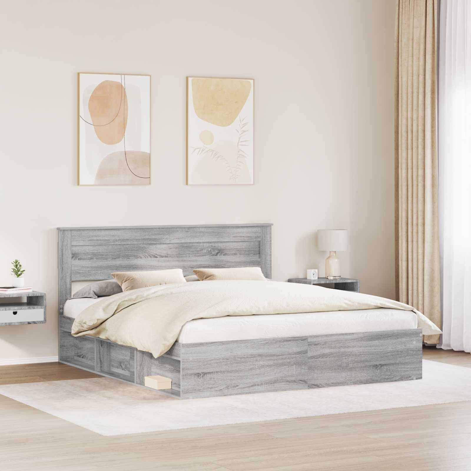 Ein modernes Schlafzimmer mit einem grauen Holzbett, beigefarbener Bettwäsche, einer schwebenden Nachttischablage, abstrakter Kunst an der Wand und natürlichem Licht durch Vorhänge.