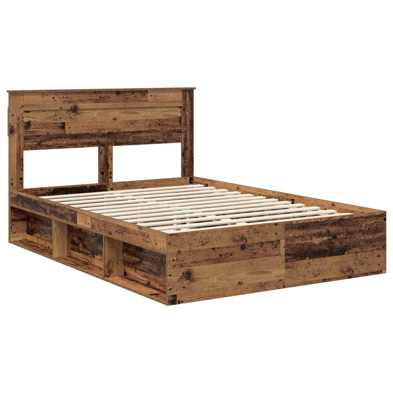 Ein Holzbettgestell mit rustikaler Oberfläche und Lattenrost, ausgestattet mit einem massiven Kopfteil und Stauraummöglichkeiten darunter.