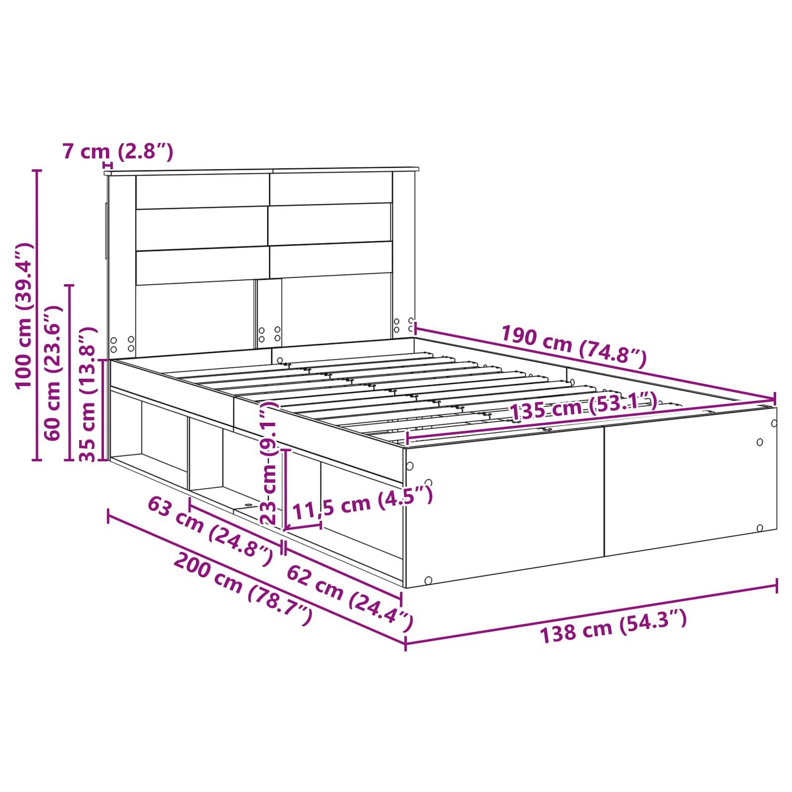 Illustrierte Abmessungen für einen Bettrahmen und ein Kopfteil: Gesamthöhe 100 cm, Breite 190 cm, Rahmenlänge 200 cm, Kopfteilbreite 138 cm.