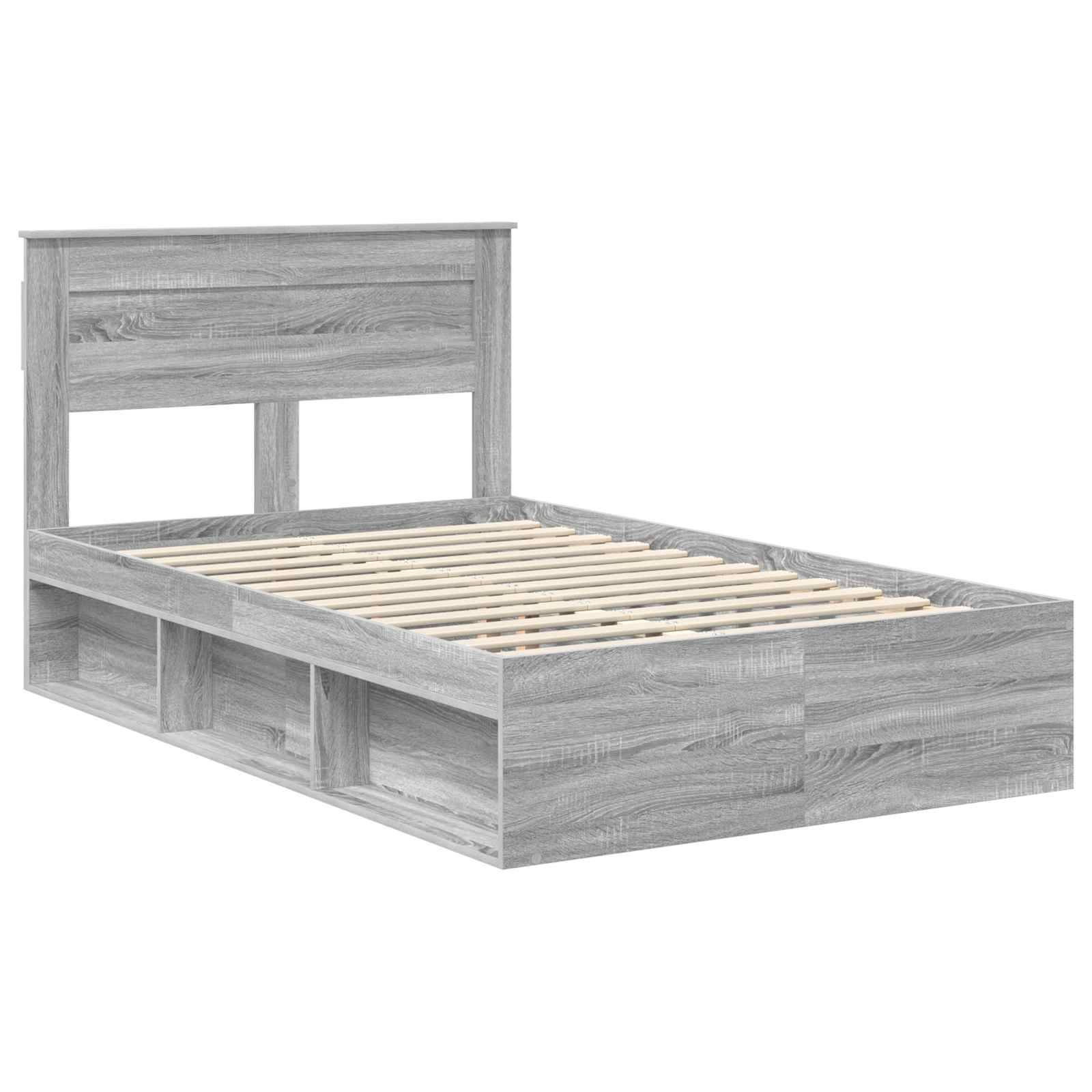 Ein grauer Holzbettrahmen mit einem Kopfteil, ausgestattet mit zwei Ablageregalen auf jeder Seite. Das Design ist minimalistisch und modern.